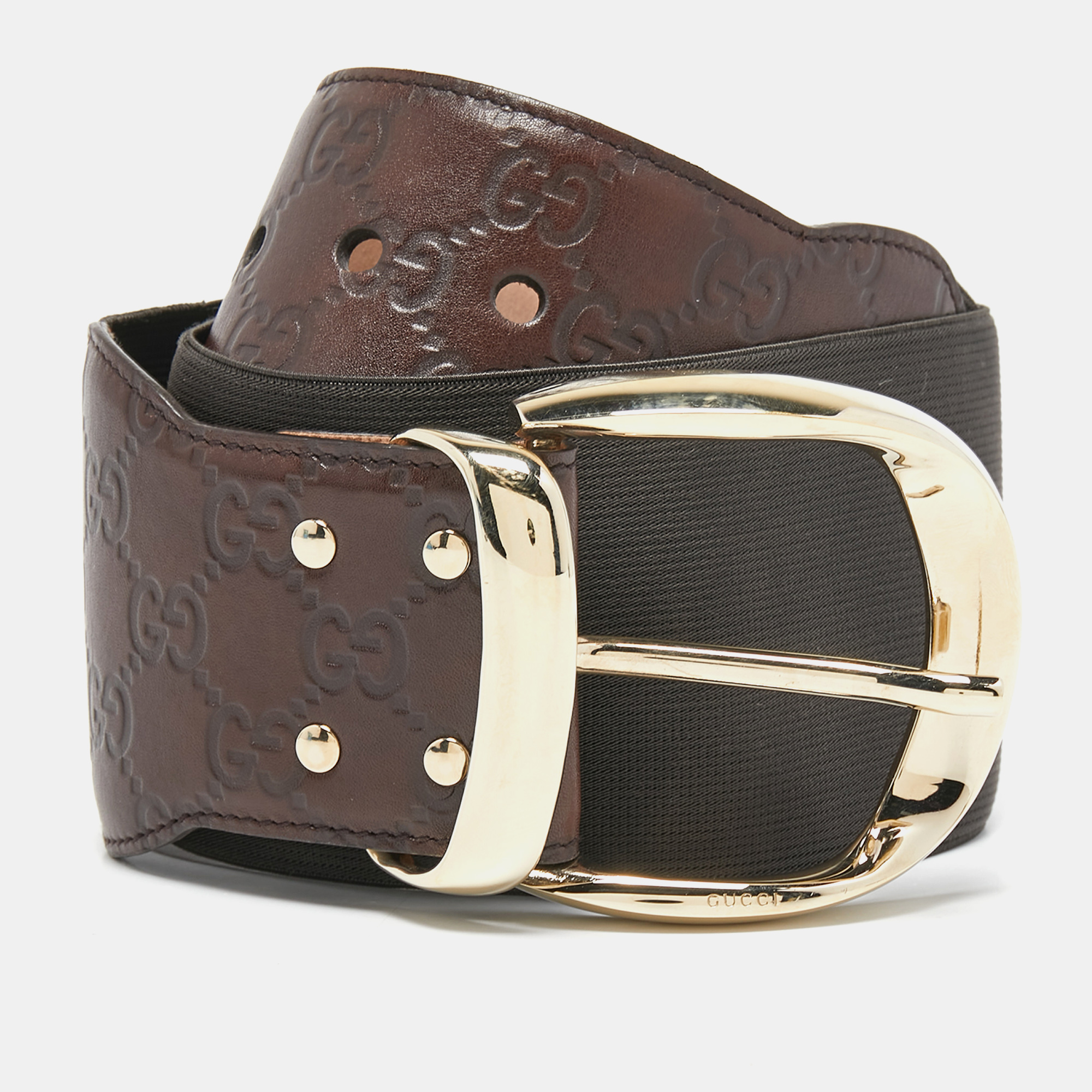 Pre-owned Gucci Ssima Leather And Elastic Buckle Belt 80 Cm In Brown