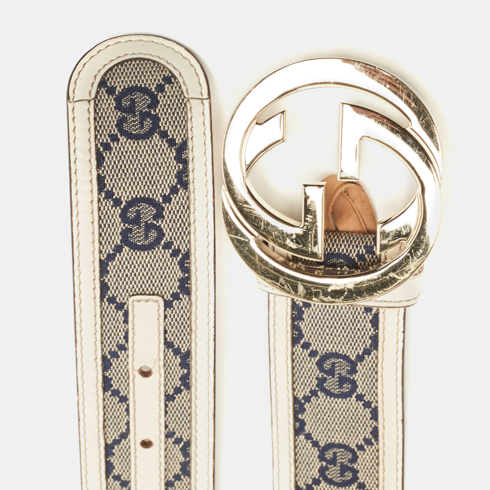 

Gucci White/Blue GG Canvas and Leather Interlocking G Buckle Belt