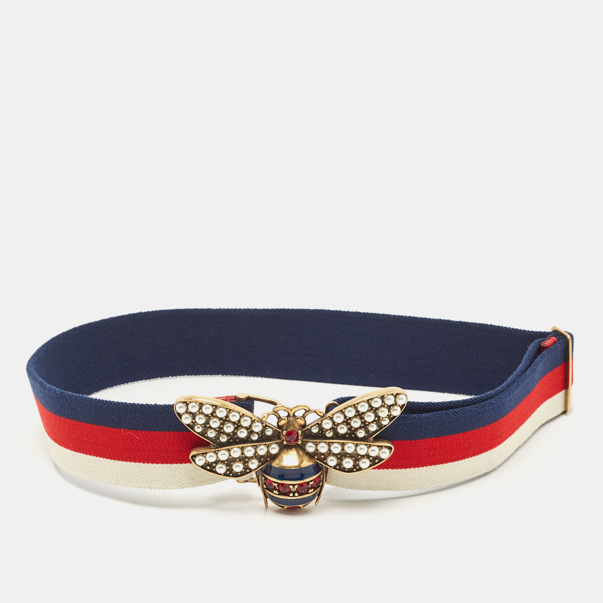 

Gucci Tri Color Fabric Web Queen Margaret Bee Buckle Waist Belt, Multicolor