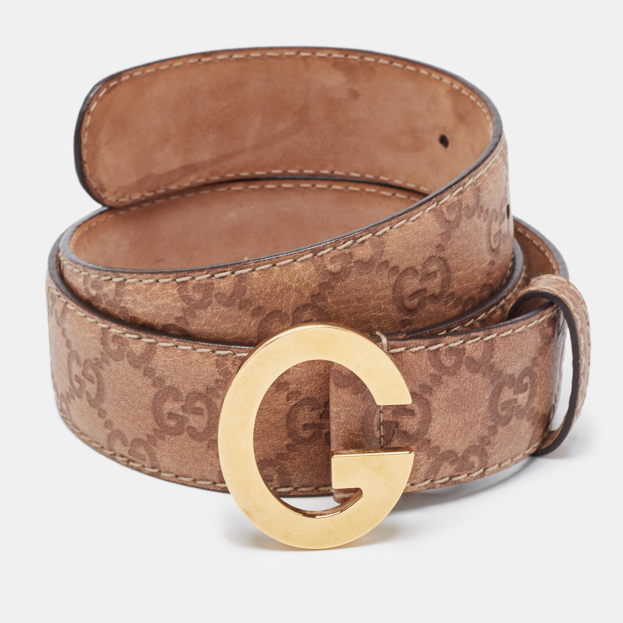 Pre-owned Gucci Ssima Leather G Buckle Belt 90cm In Brown