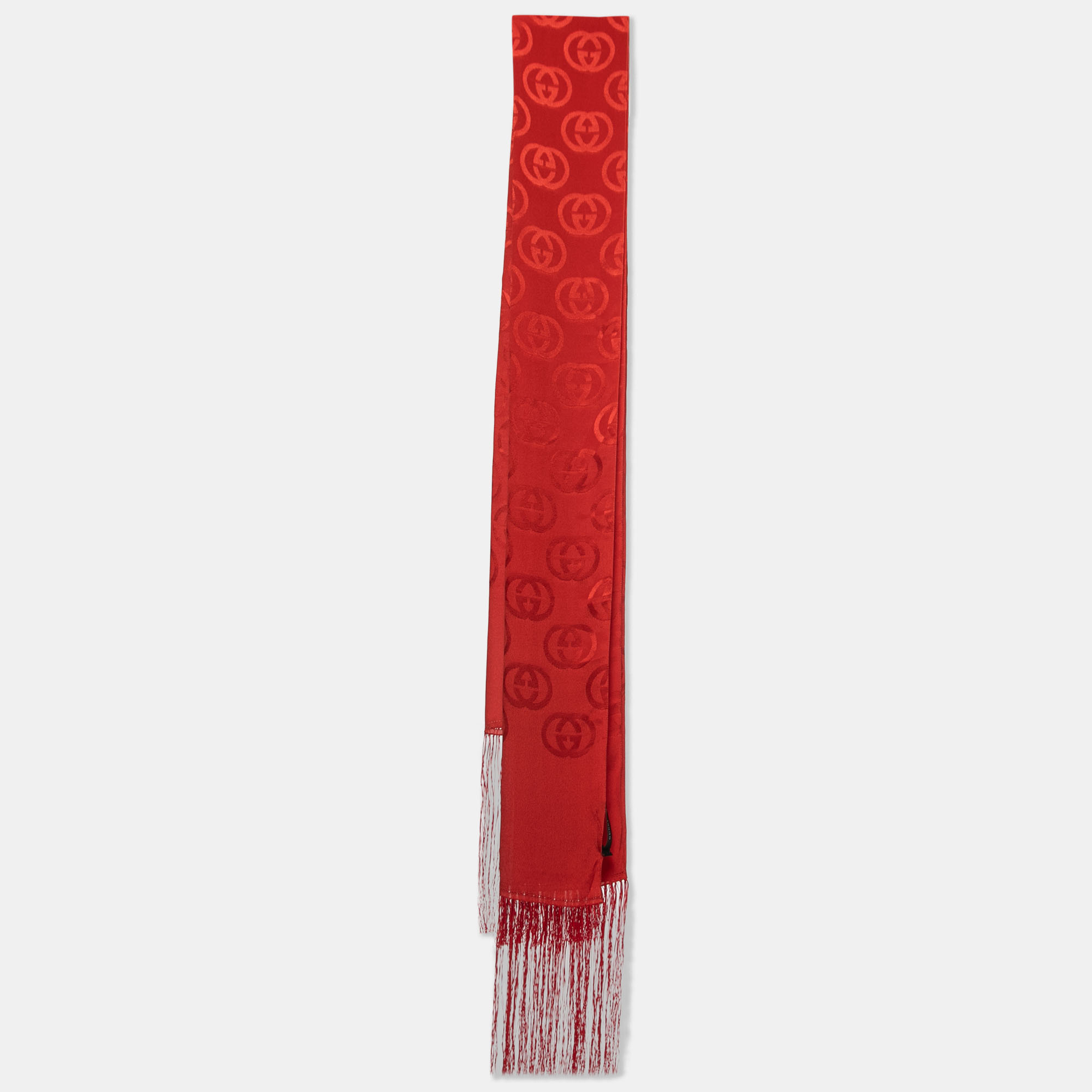 Pre-owned Gucci Reg Gg Pattern Silk Fringed Stole In Red
