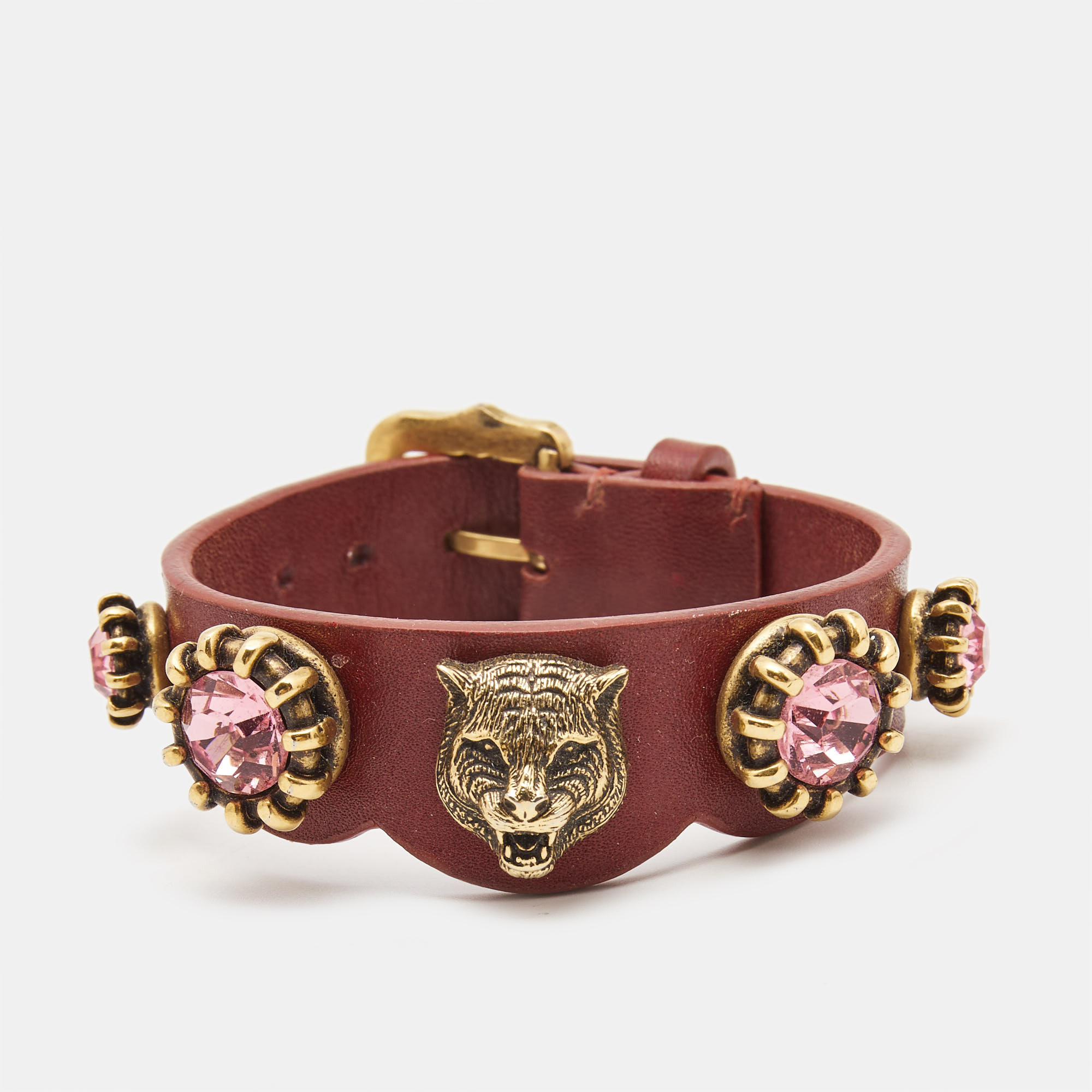 

Gucci Feline Crystals Gold Tone Leather Bracelet, Burgundy