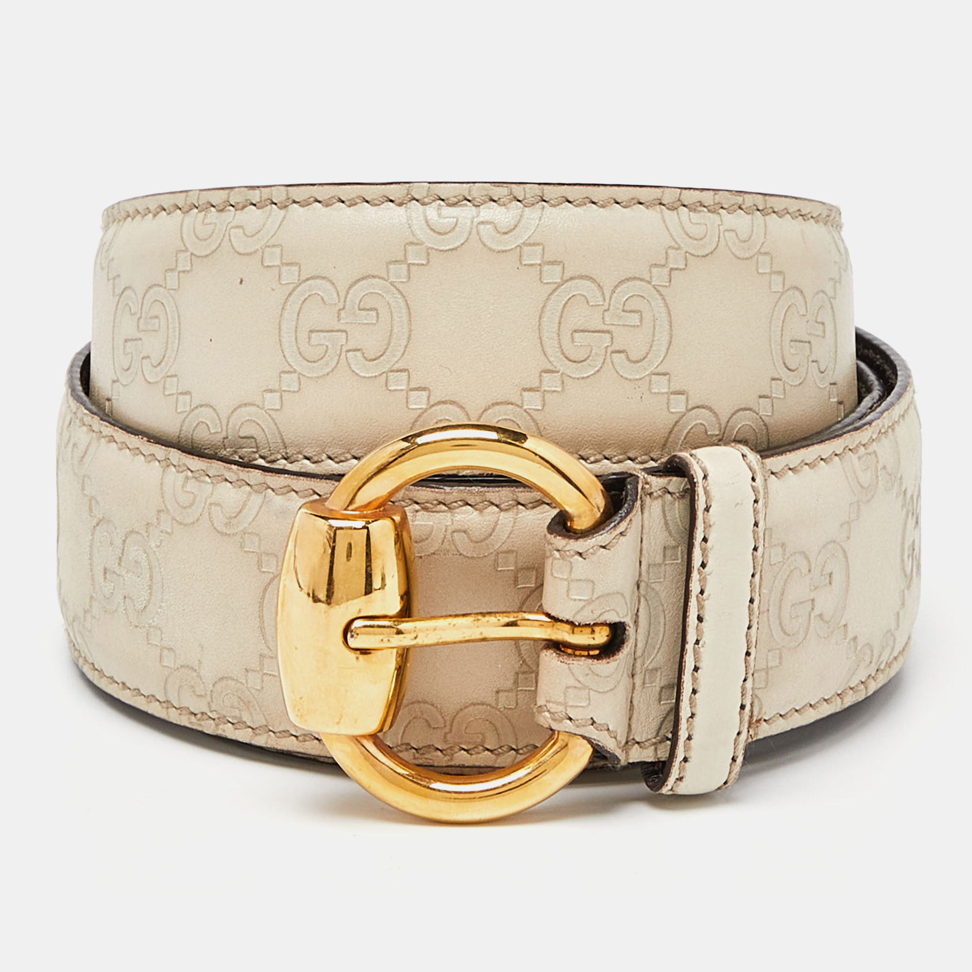 Pre-owned Gucci Ssima Leather Buckle Belt 90cm In Beige