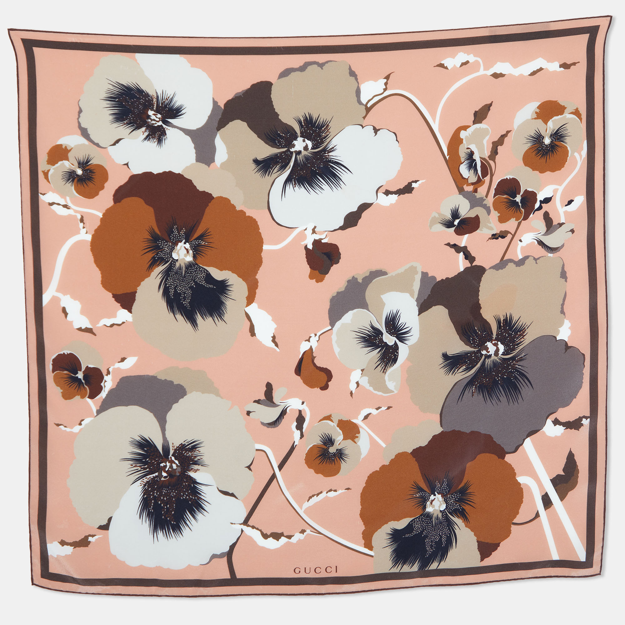 Pre-owned Gucci Brown Floral Printed Silk Square Scarf