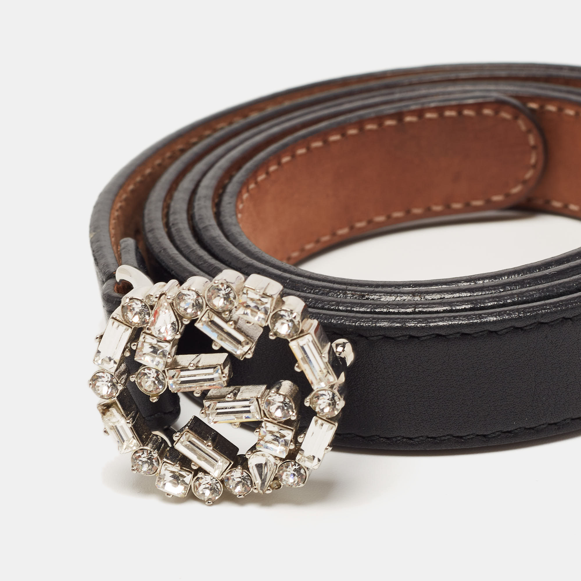 

Gucci Black Leather Interlocking G Crystals Slim Belt