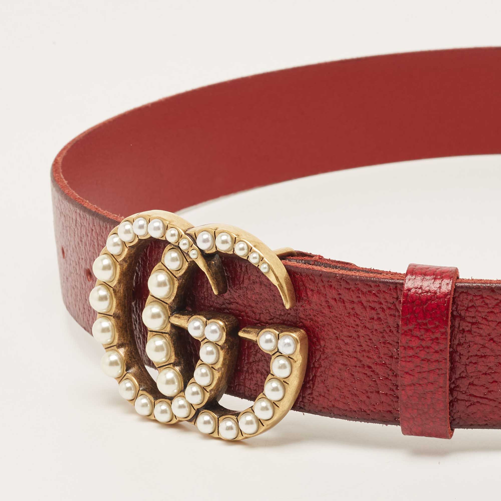 

Gucci Red Leather Faux Pearls Double G Buckle Belt
