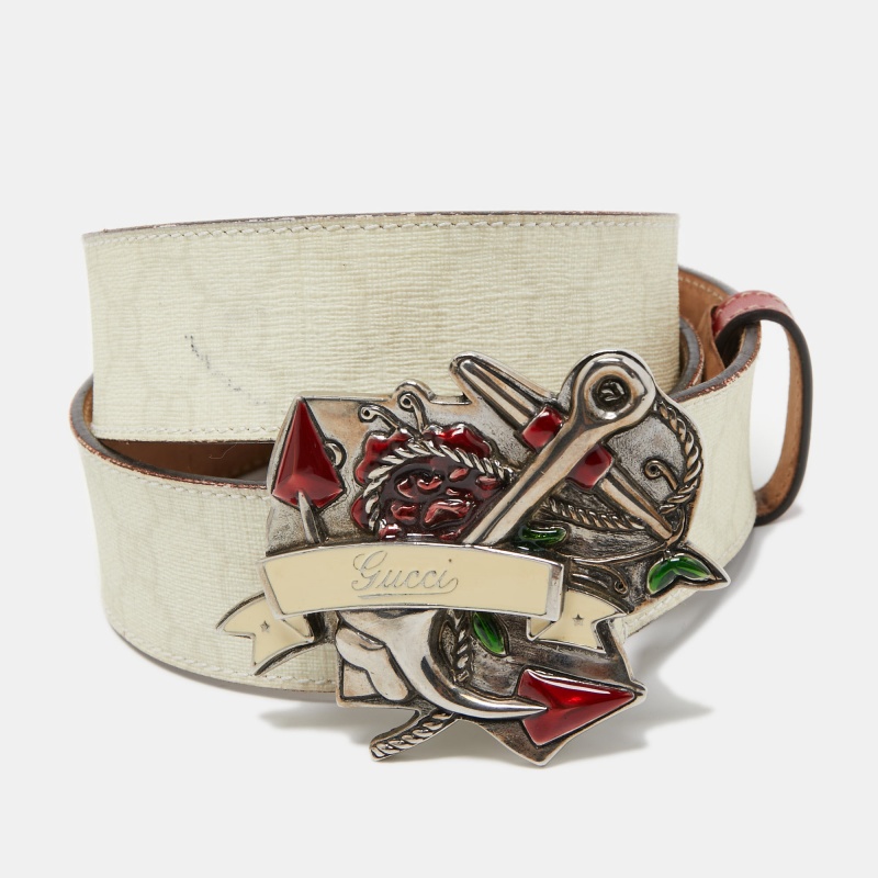 

Gucci White/Red GG Supreme Canvas and Leather Anchor Buckle Belt