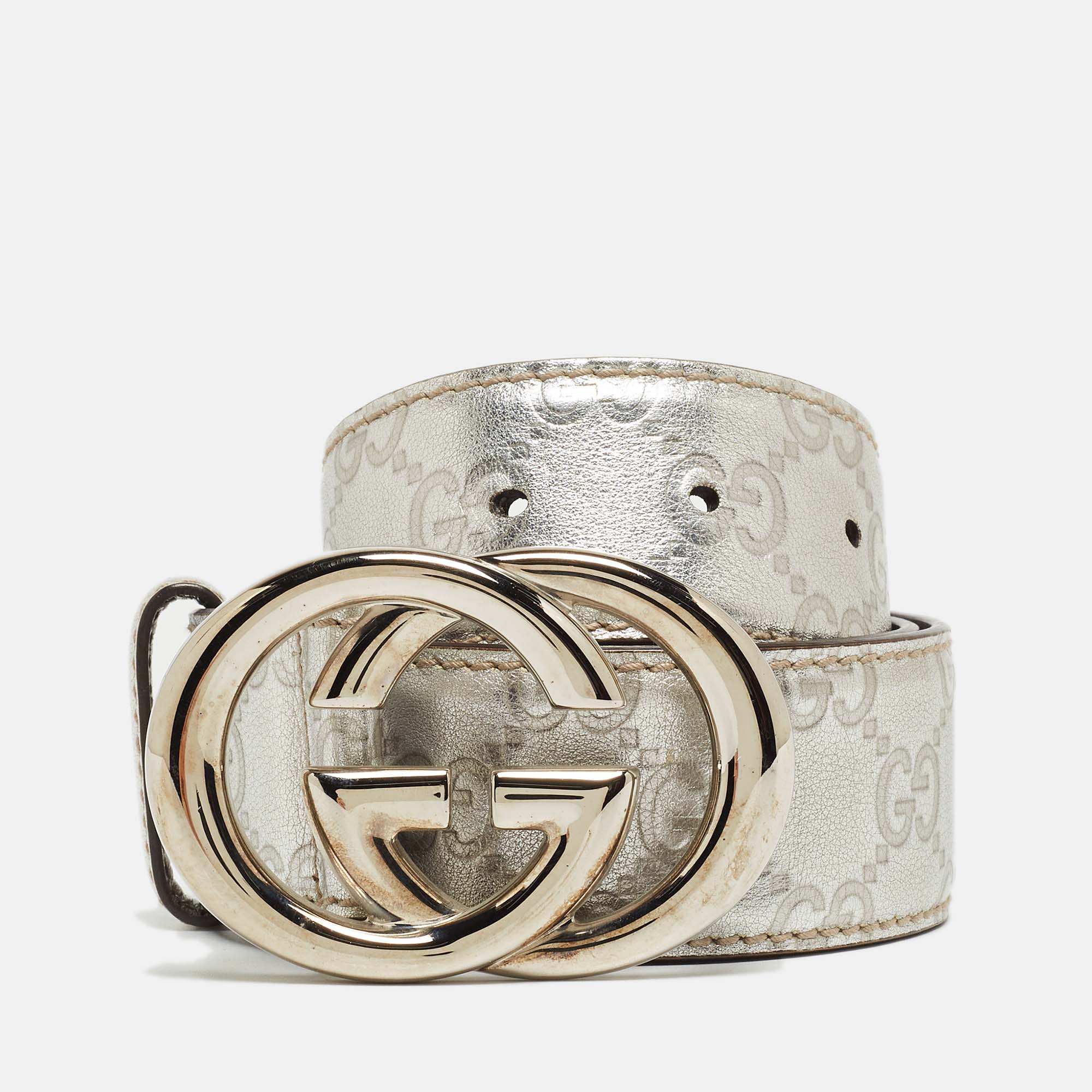 Pre-owned Gucci Ssima Leather Interlocking G Buckle Belt 80cm In