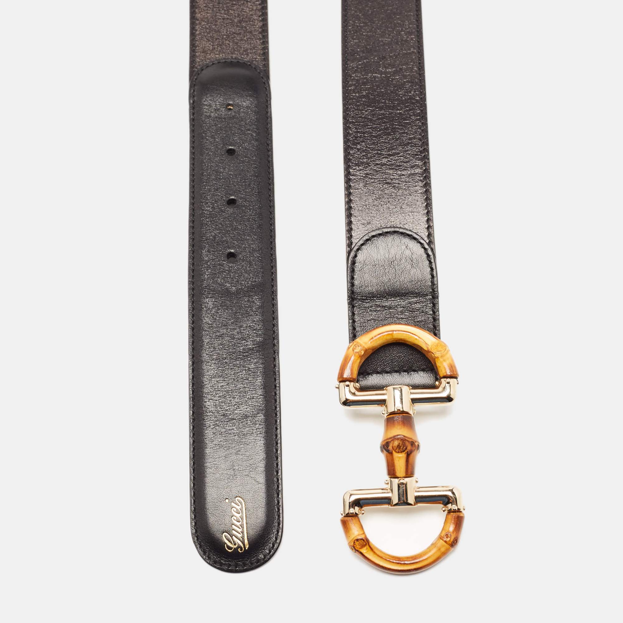 

Gucci Black Leather Bamboo Horsebit Buckle Belt