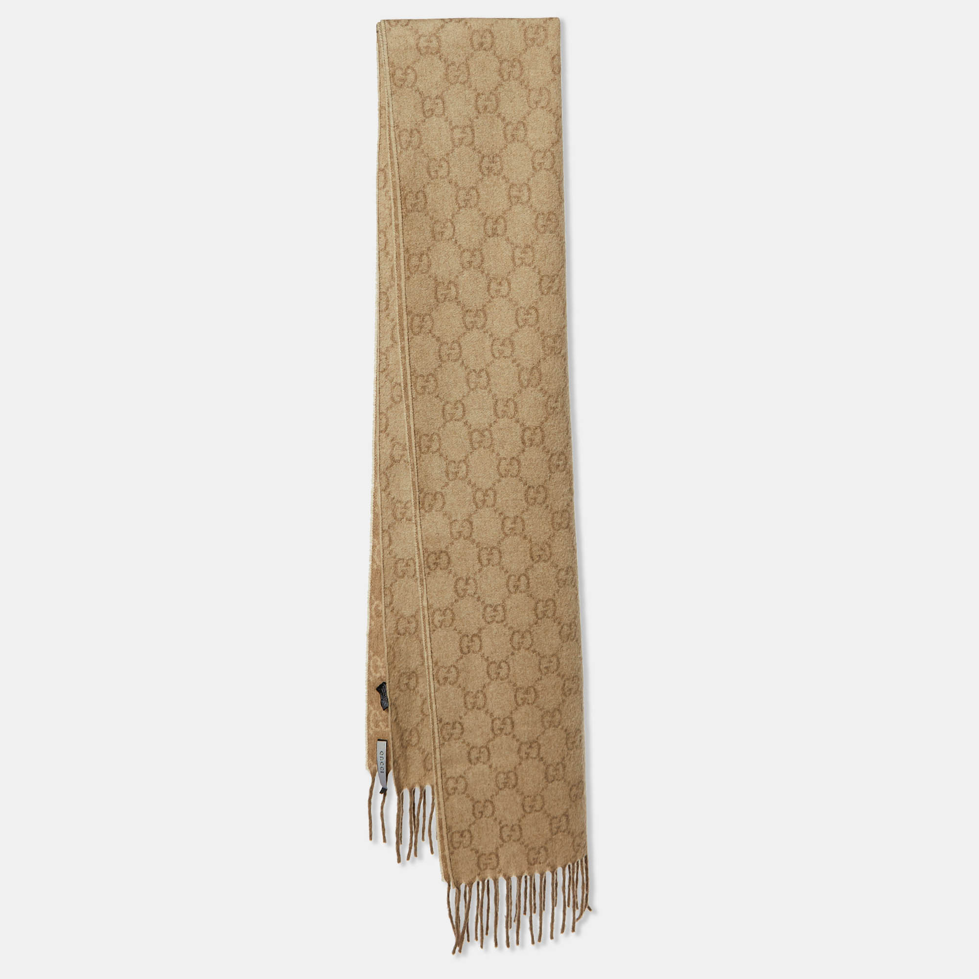 Pre Owned Gucci Beige Logo Monogram Cashmere Fringed Stole