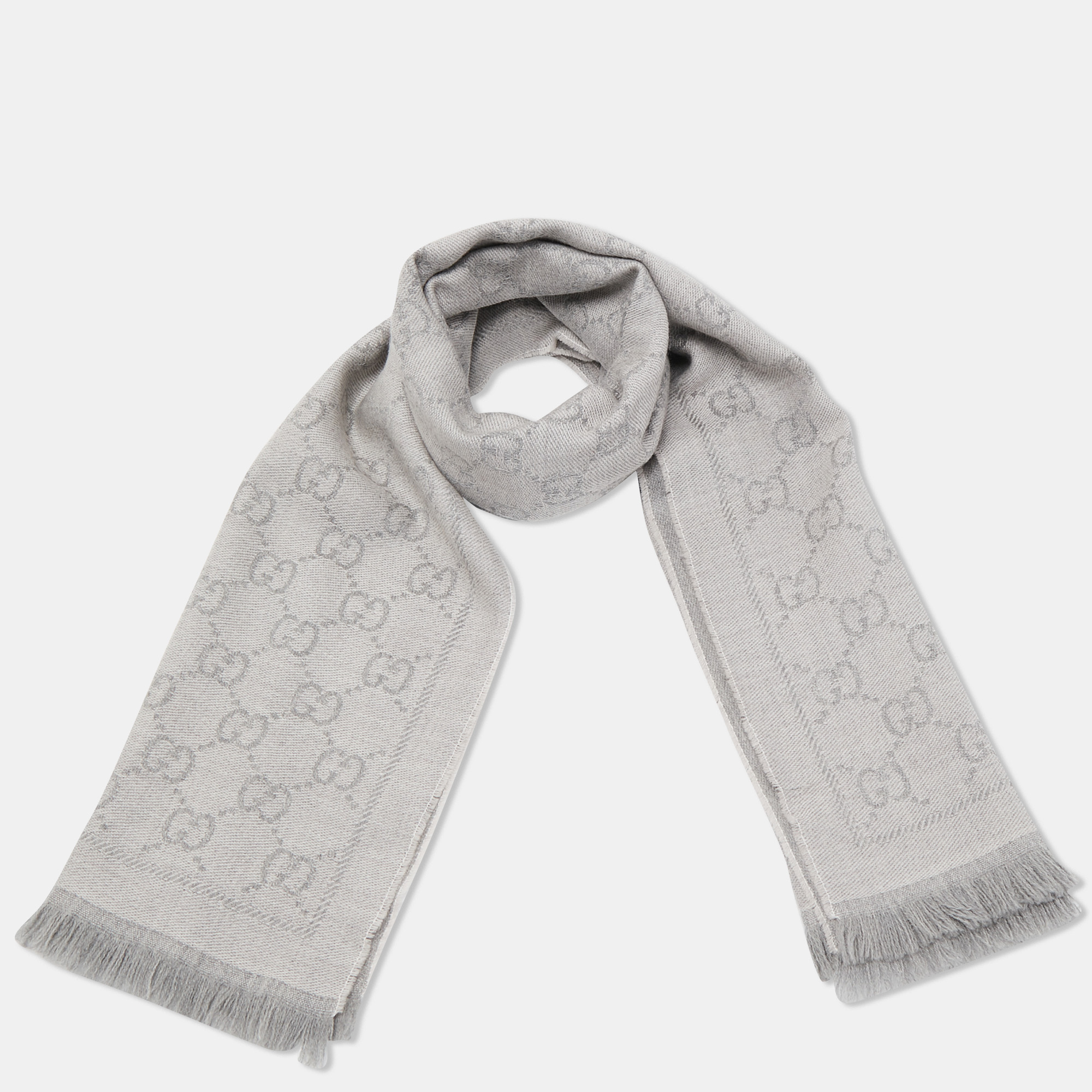 

Gucci Grey GG Patterned Wool Fringed Scarf