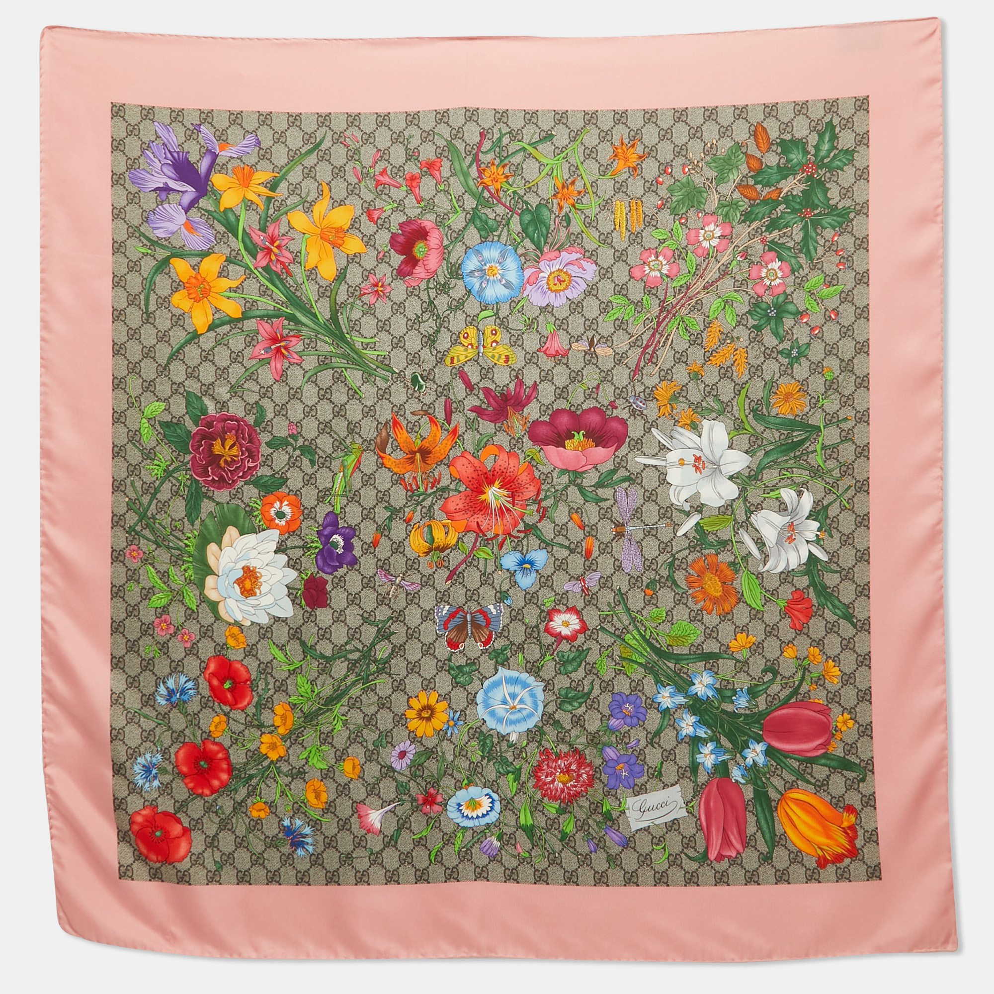 Gucci Pink Flora Print Silk Scarf