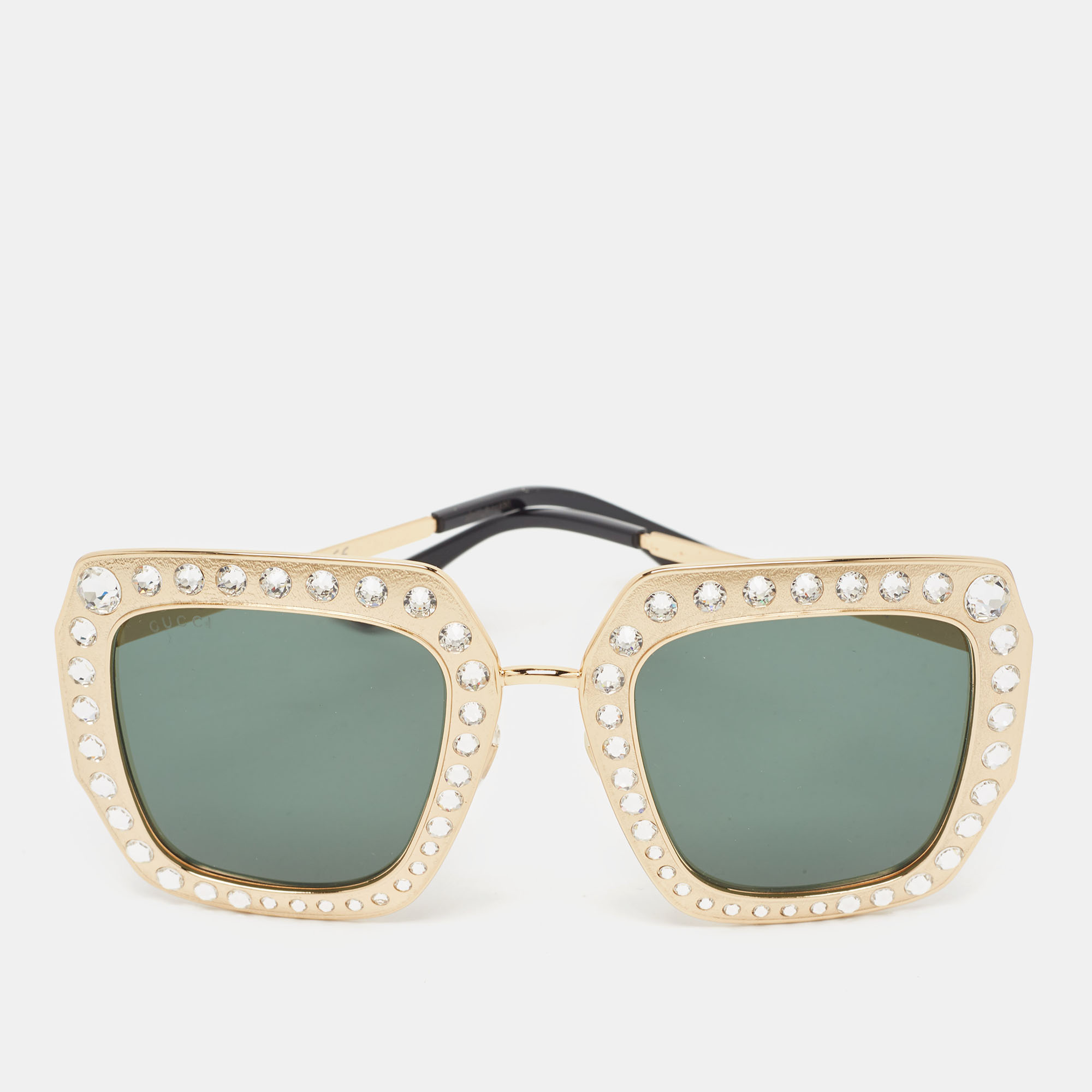 Pre-owned Gucci Gold/black Crystals Square Oversized Sunglasses