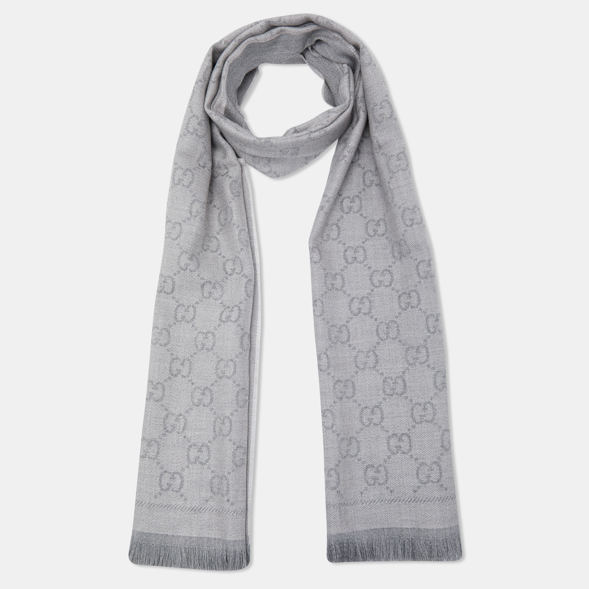 

Gucci Grey GG Patterned Wool Fringed Scarf