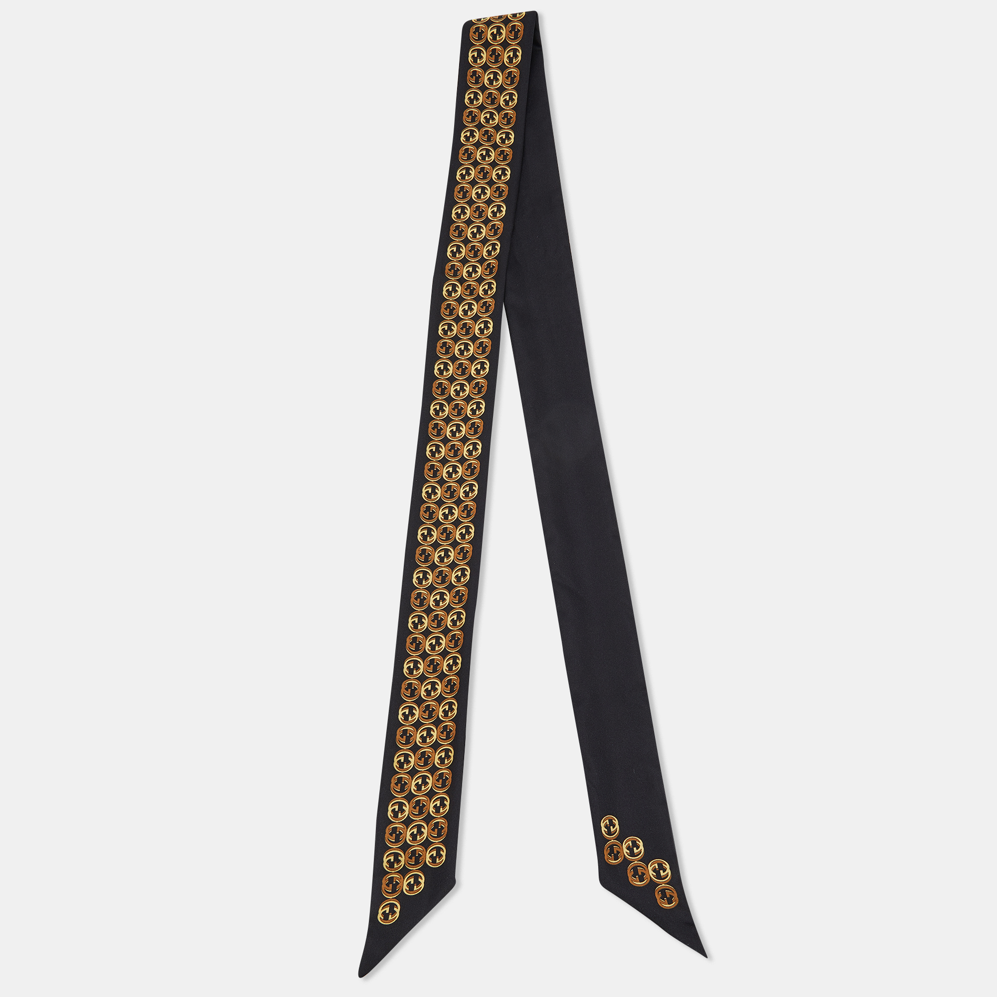 Gucci Black GG Logo Print Charm Detail Silk Bandeau Scarf