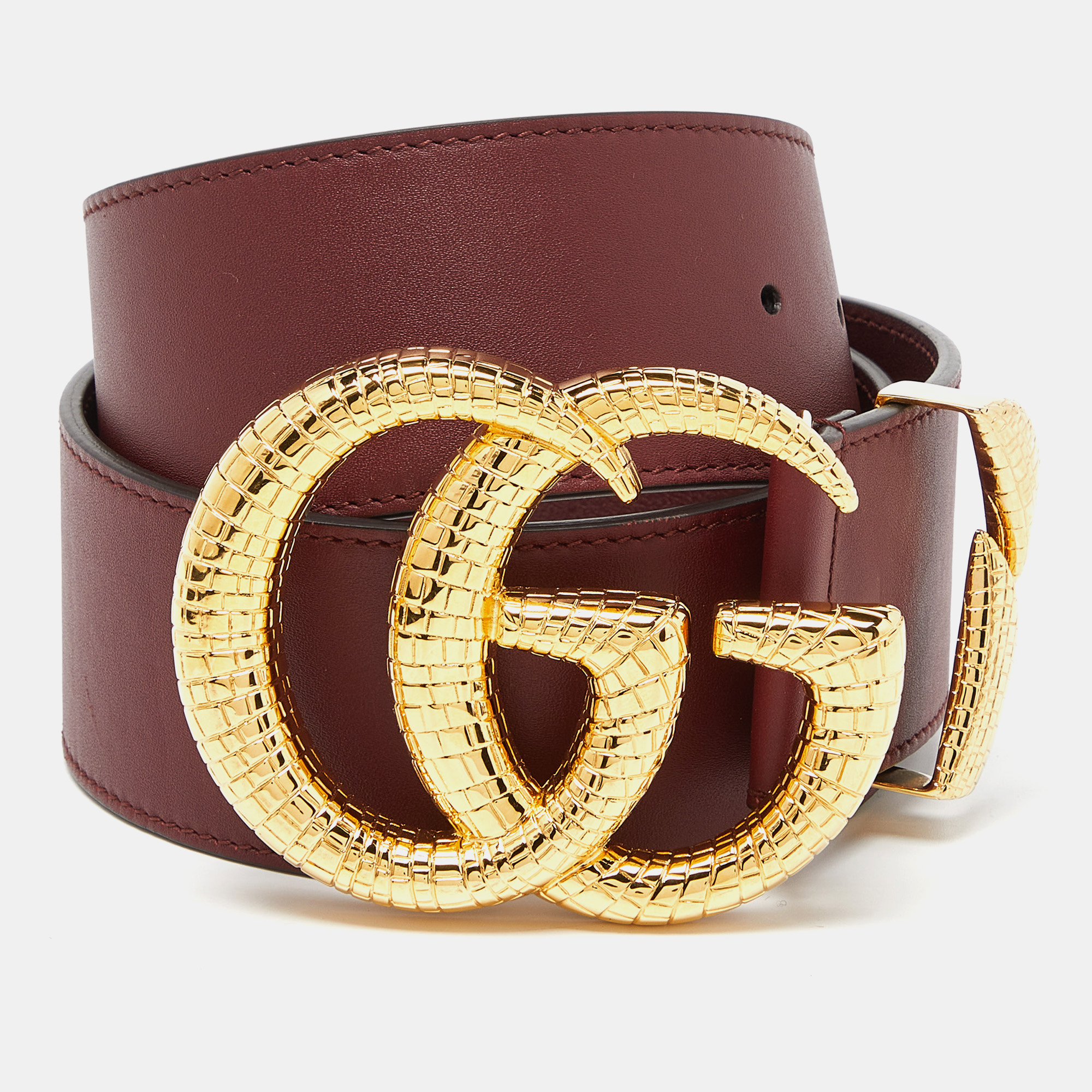 Pre-owned Gucci Burgundy Leather Gg Marmont Wide Waist Buckle Belt 80cm