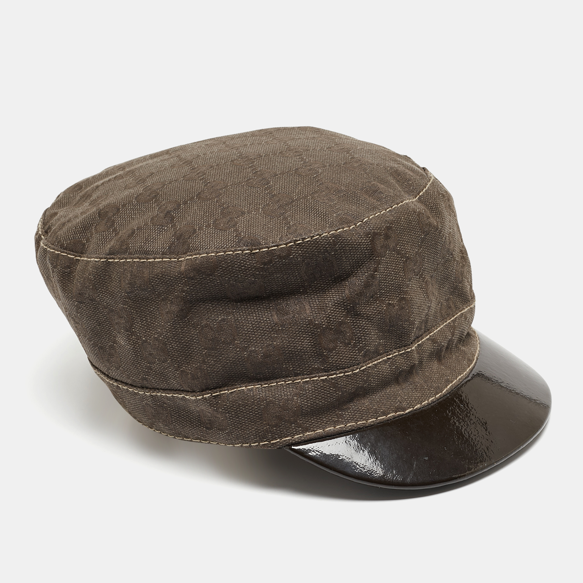Pre-owned Gucci Vintage Brown Gg Canvas And Patent Leather Newsboy Cap S