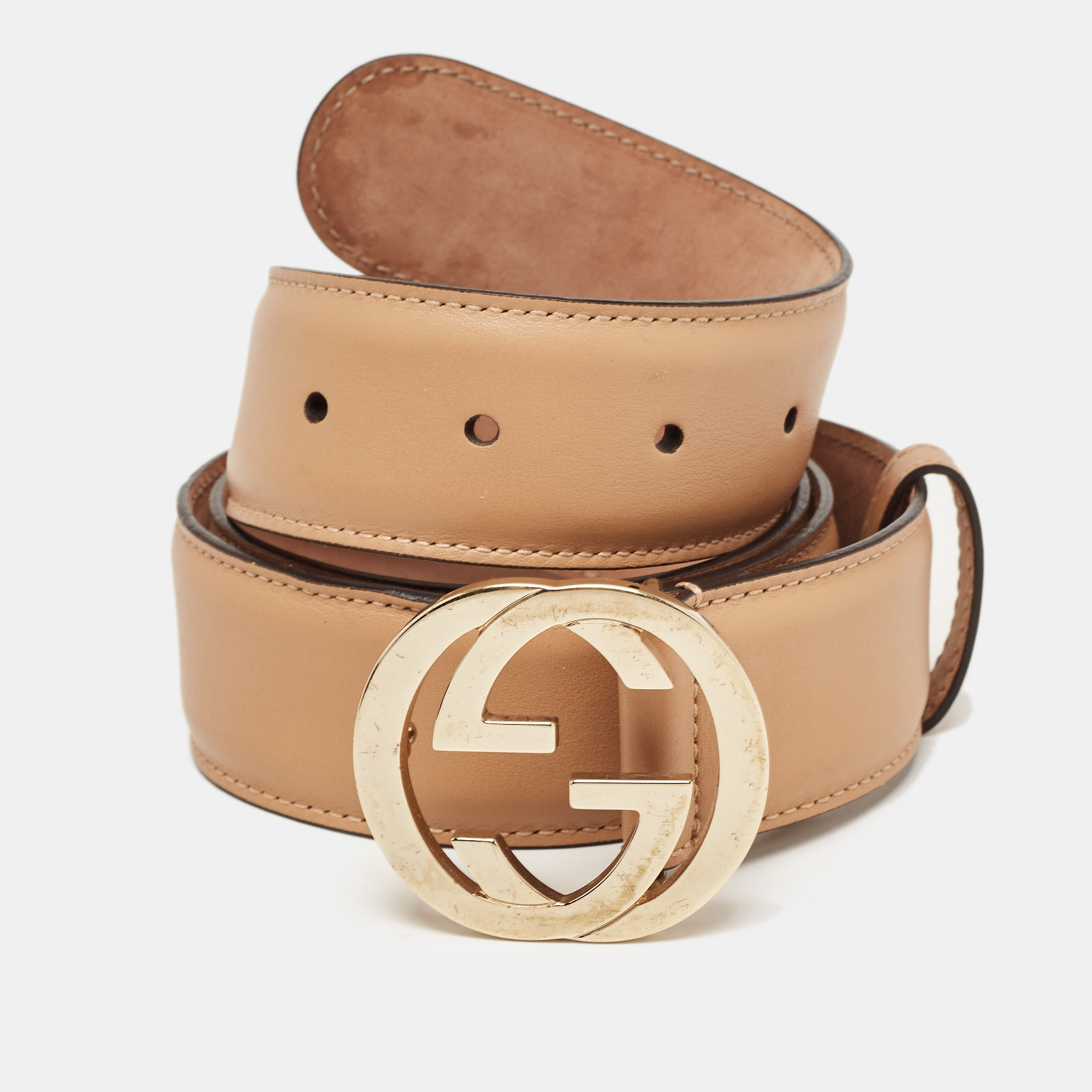 

Gucci Beige Leather Interlocking G Buckle Belt