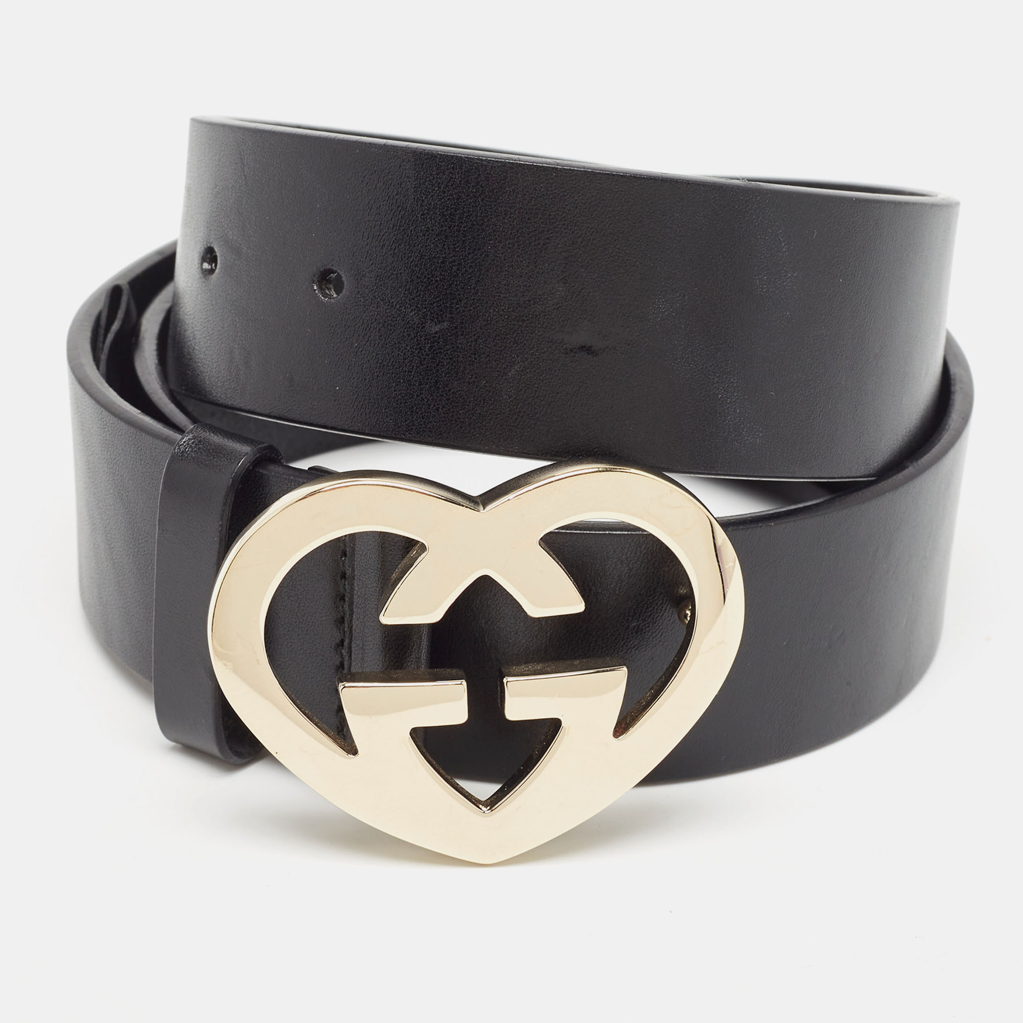 

Gucci Black Leather GG Heart Buckle Belt