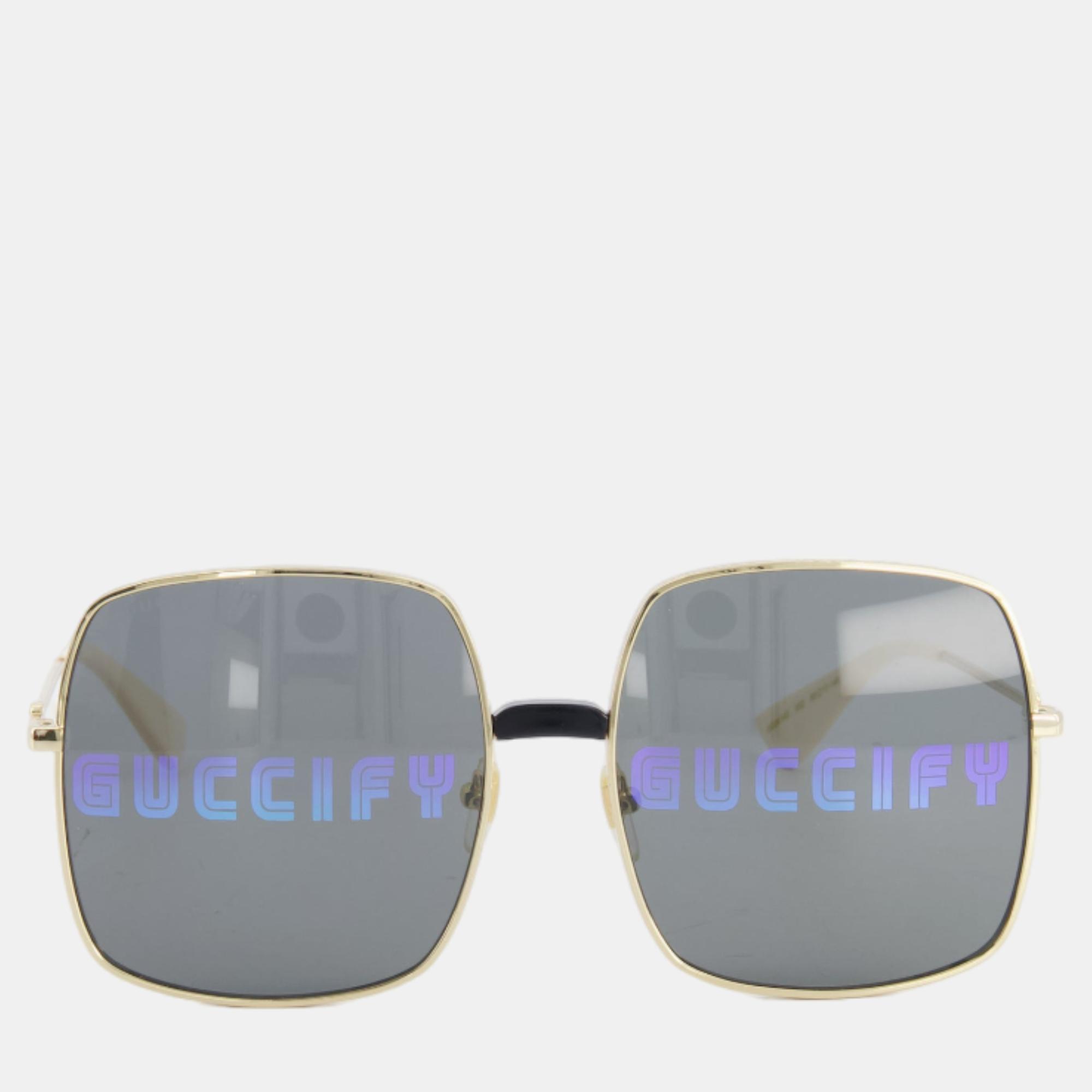 

Gucci Rectangular Metal Frame Sunglasses with Guccify Print, Grey