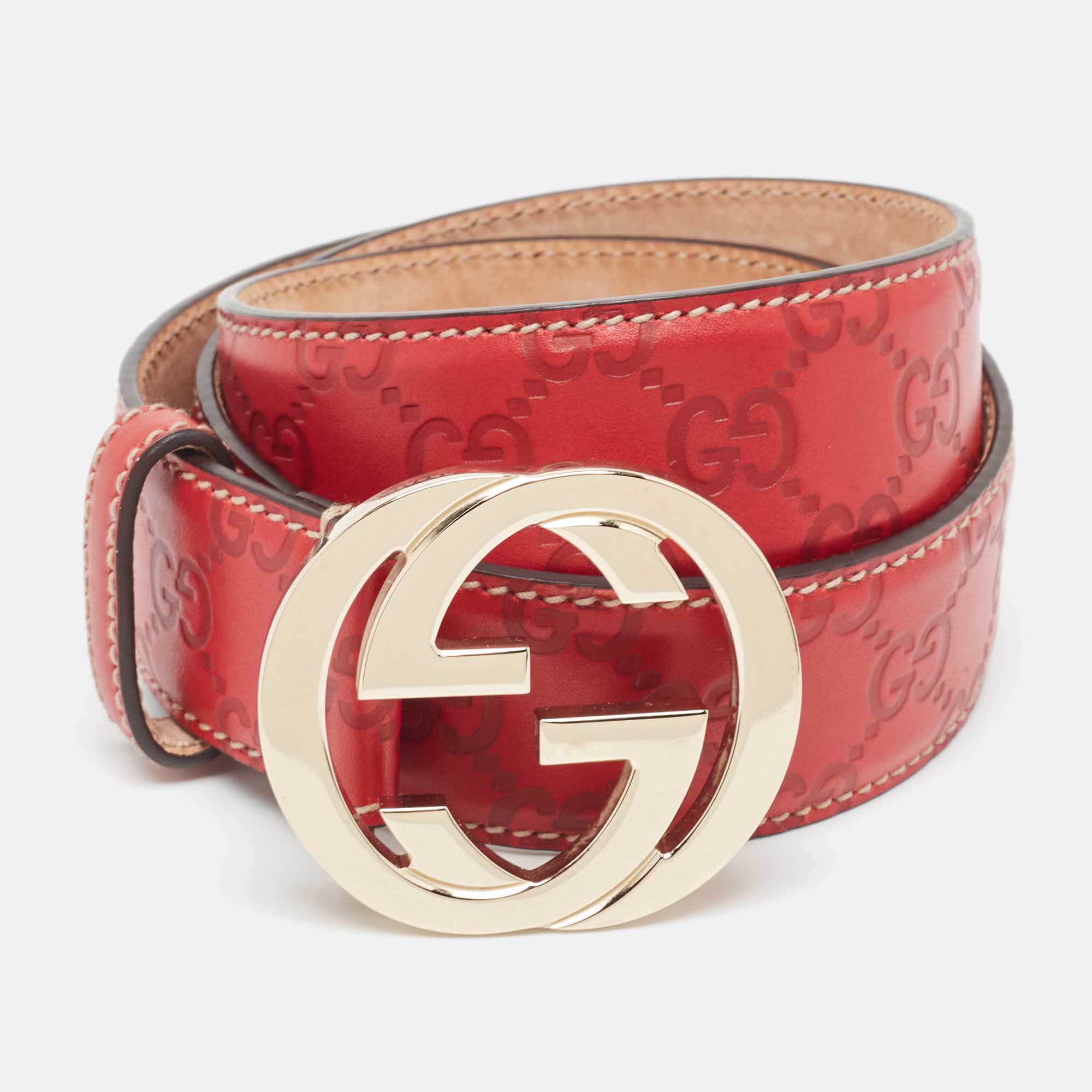 Pre-owned Gucci Ssima Leather Interlocking G Belt 85 Cm In Red