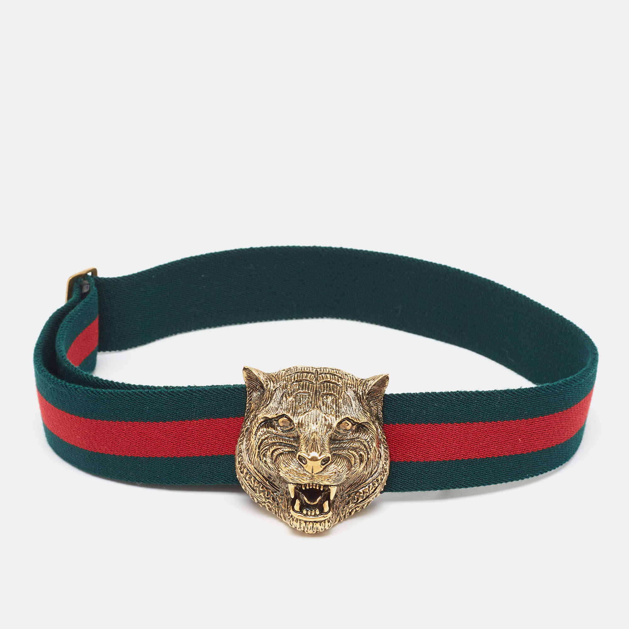 Pre-owned Gucci Green/red Web Canvas Feline Buckle Belt 75 Cm