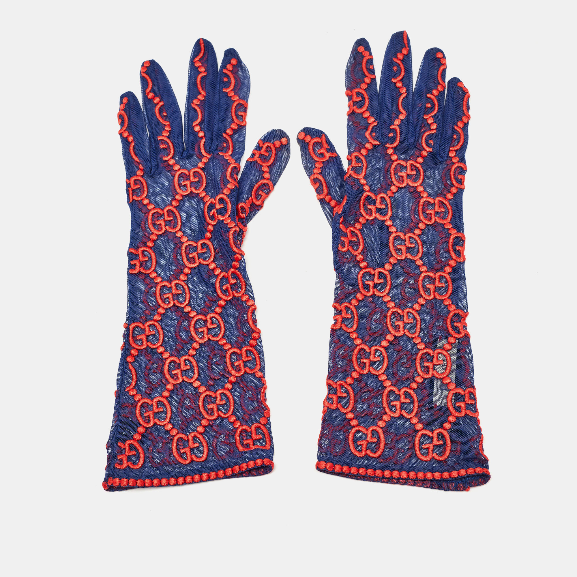 

Gucci Blue/Red GG Embroidered Tulle Gloves