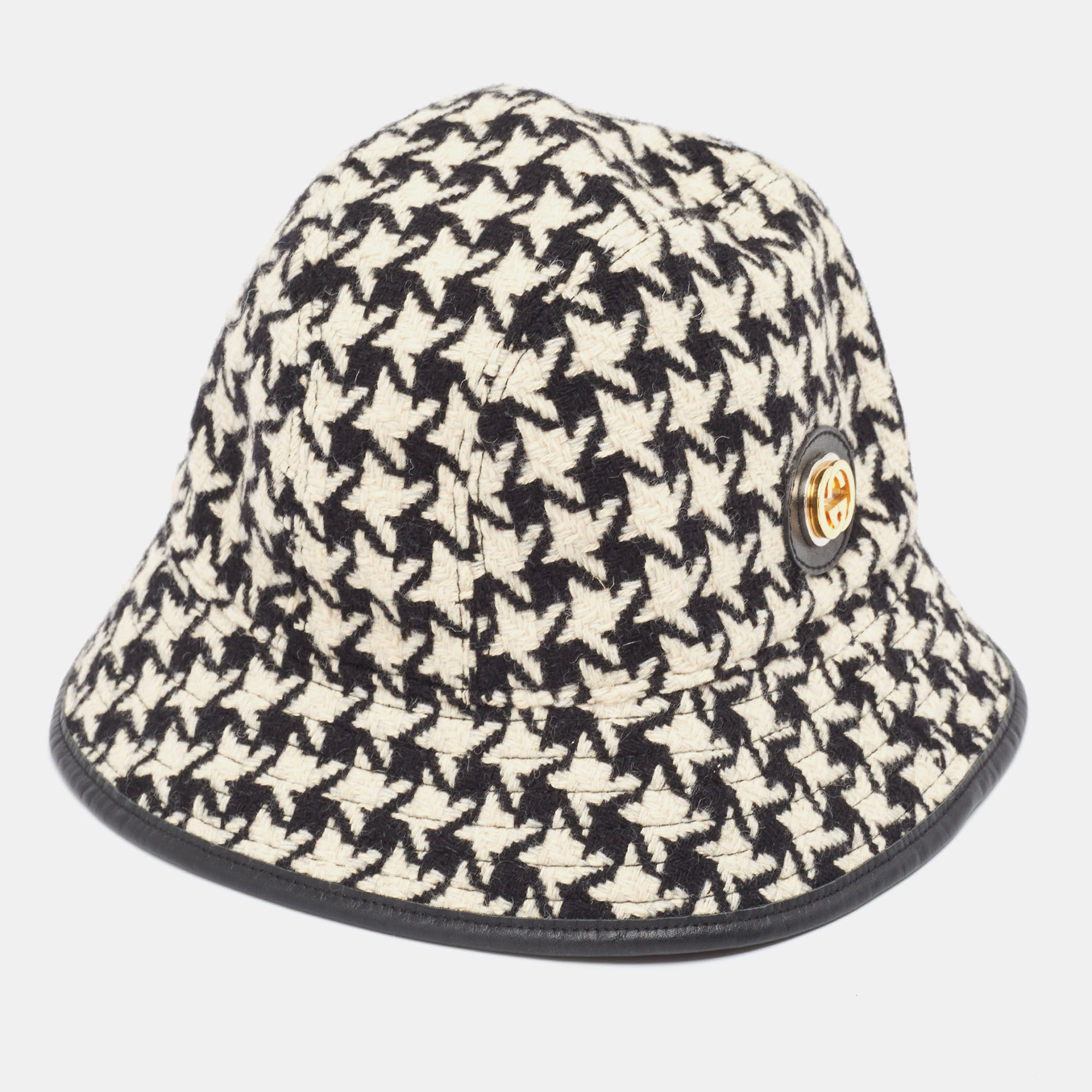 Pre-owned Gucci Monochrome Houndstooth Wool & Cotton Bucket Hat M In Black