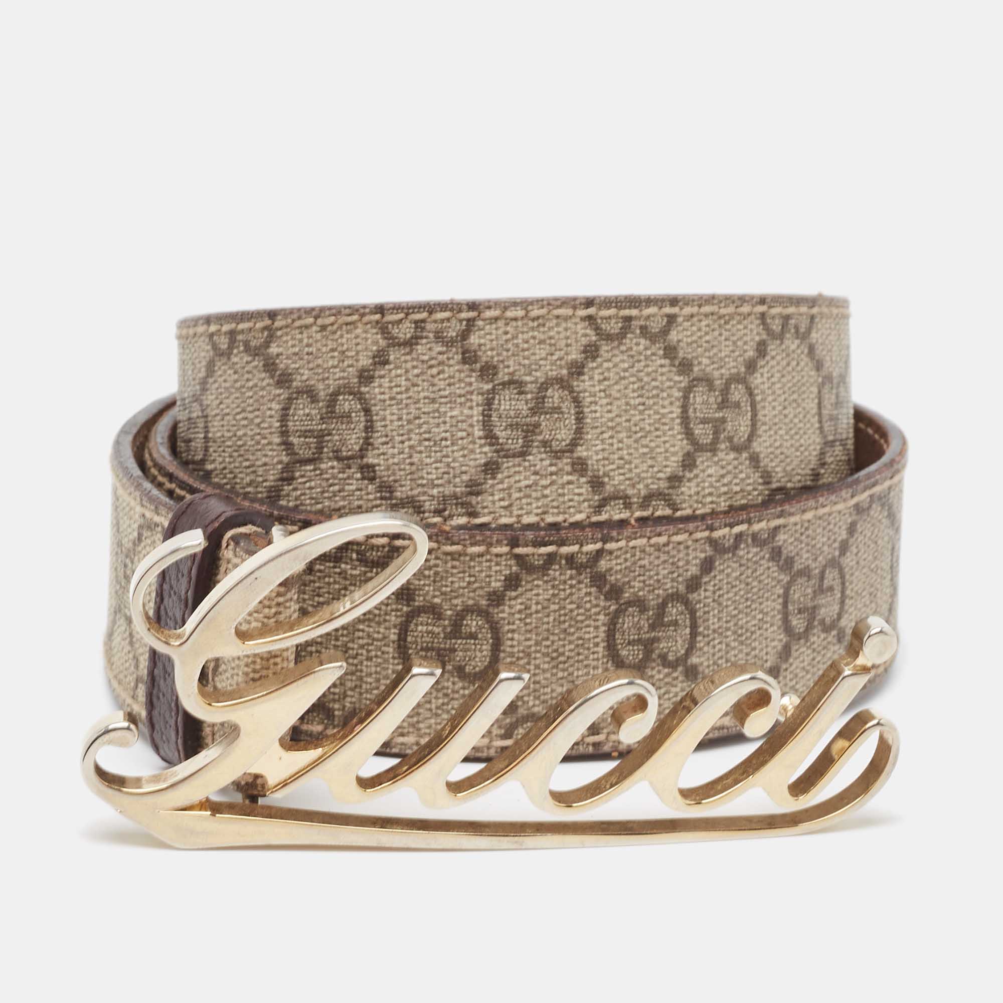 

Gucci Beige GG Supreme Canvas and Leather Logo Belt 90CM