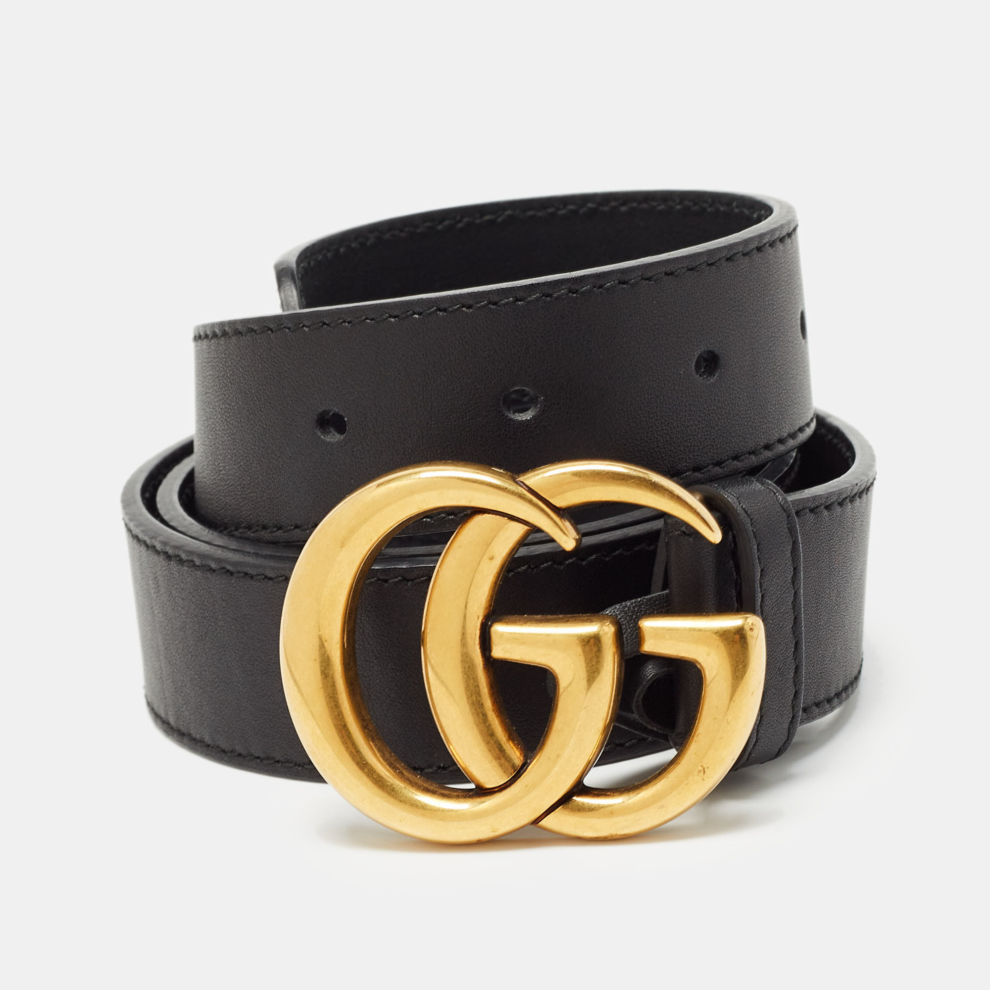 Pre Owned Gucci Black Leather GG Marmont Buckle Belt 85CM