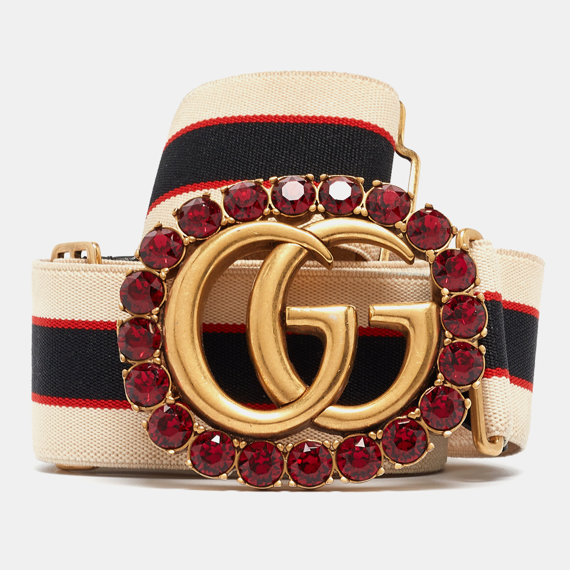 Pre-owned Gucci Off White/red Stripe Elastic Double G Crystals Belt 85cm