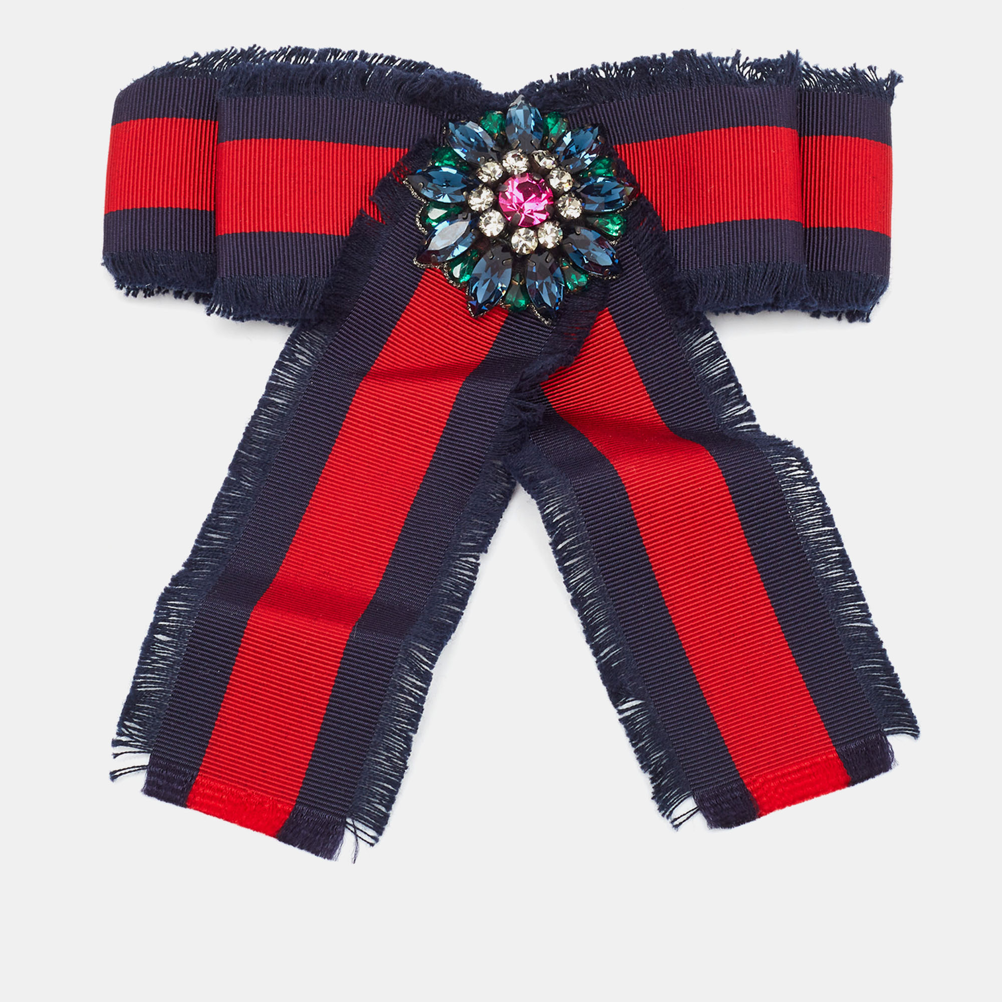 Pre-owned Gucci Navy Blue/red Web Grosgrain Ribbon Bow Pin Brooch