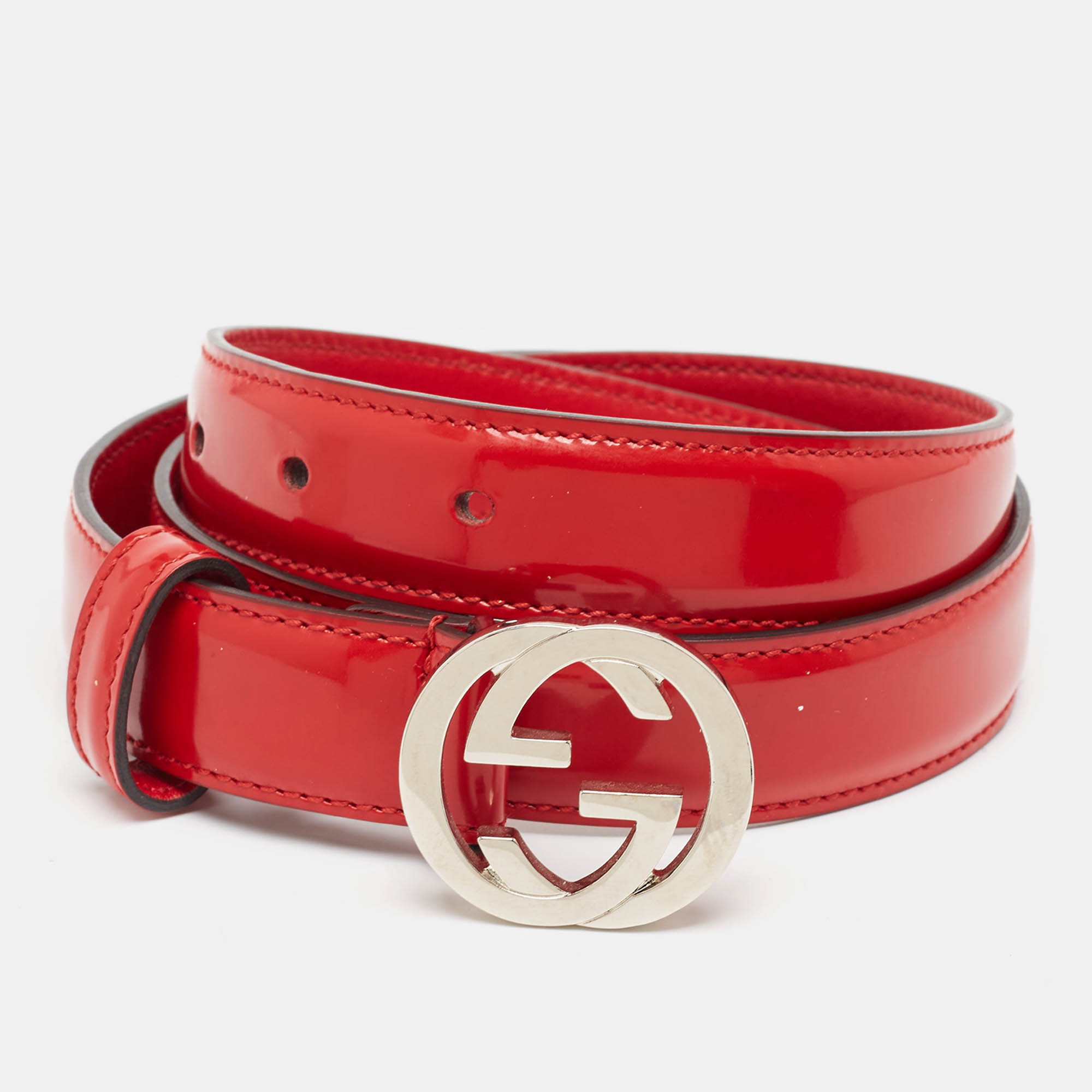 Pre-owned Gucci Red Patent Leather Interlocking G Buckle Belt 80cm