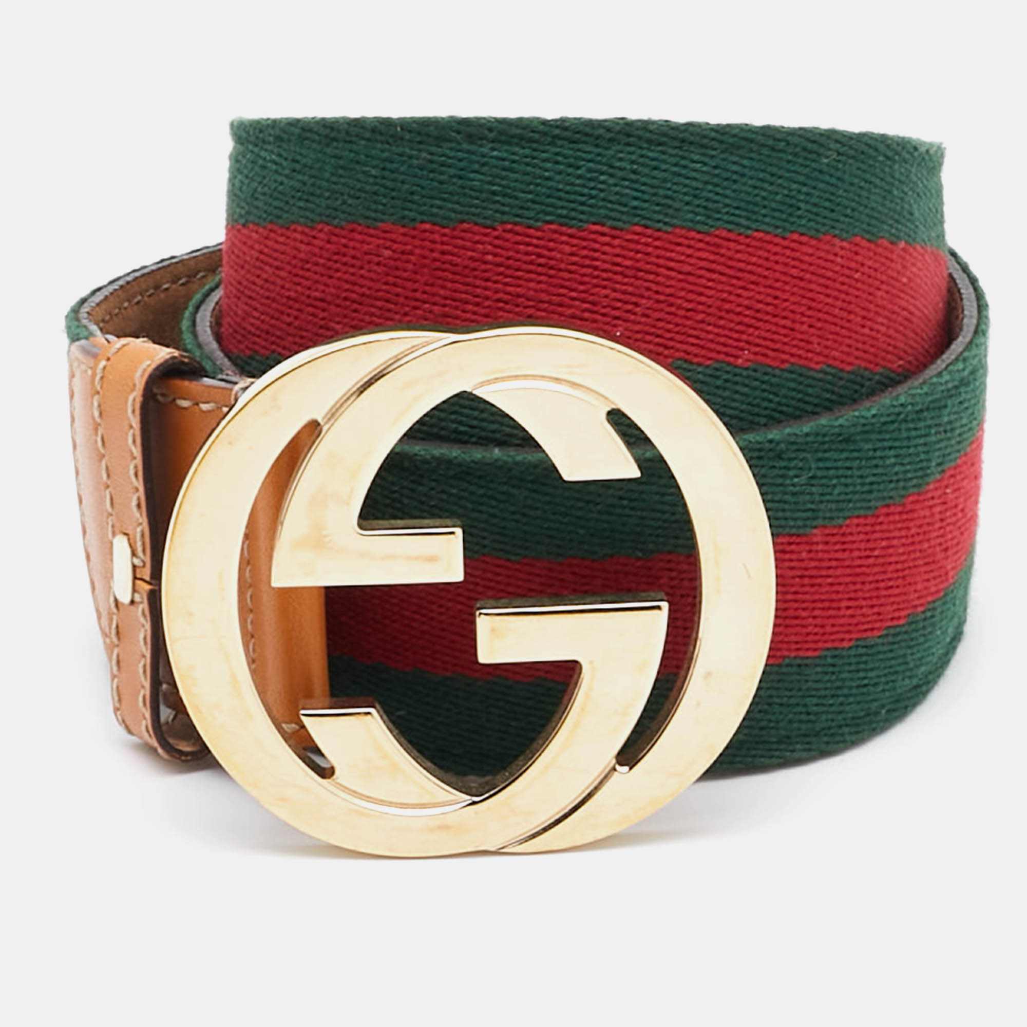 

Gucci Beige Web Canvas and Leather Interlocking G Buckle Belt