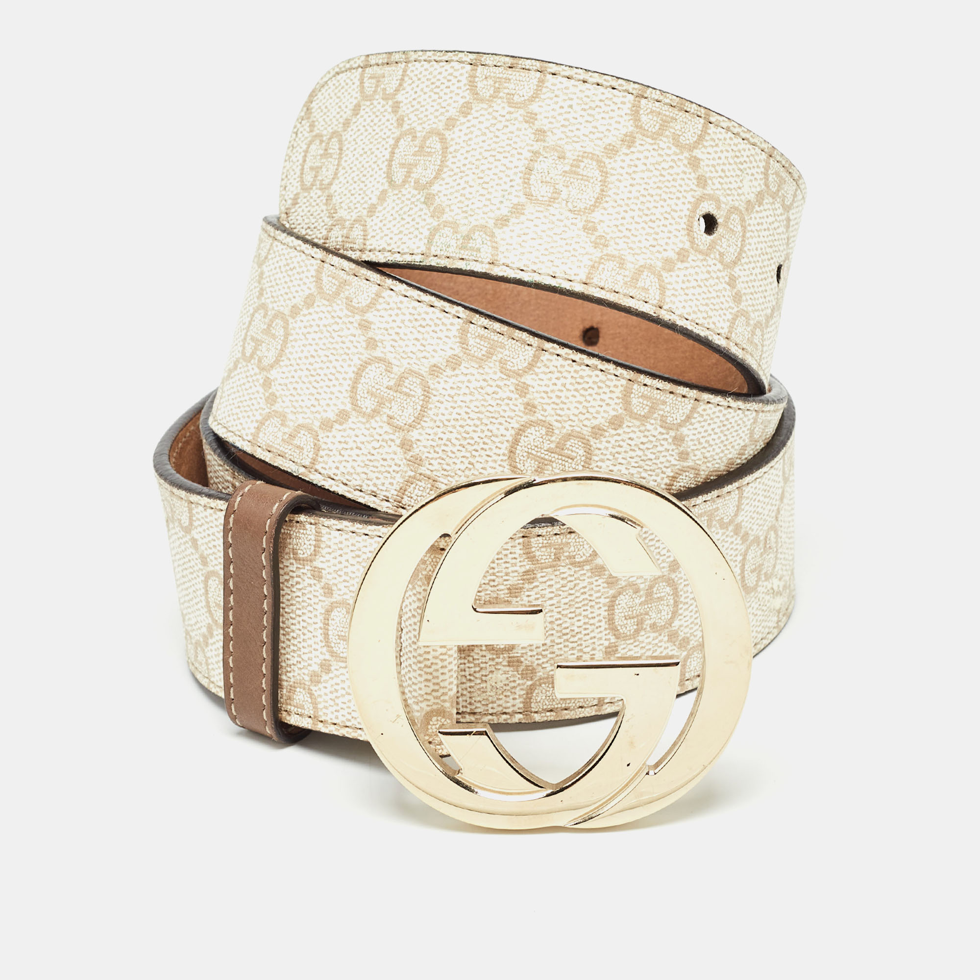 Pre-owned Gucci Beige Gg Supreme Canvas Interlocking G Buckle Belt 90cm