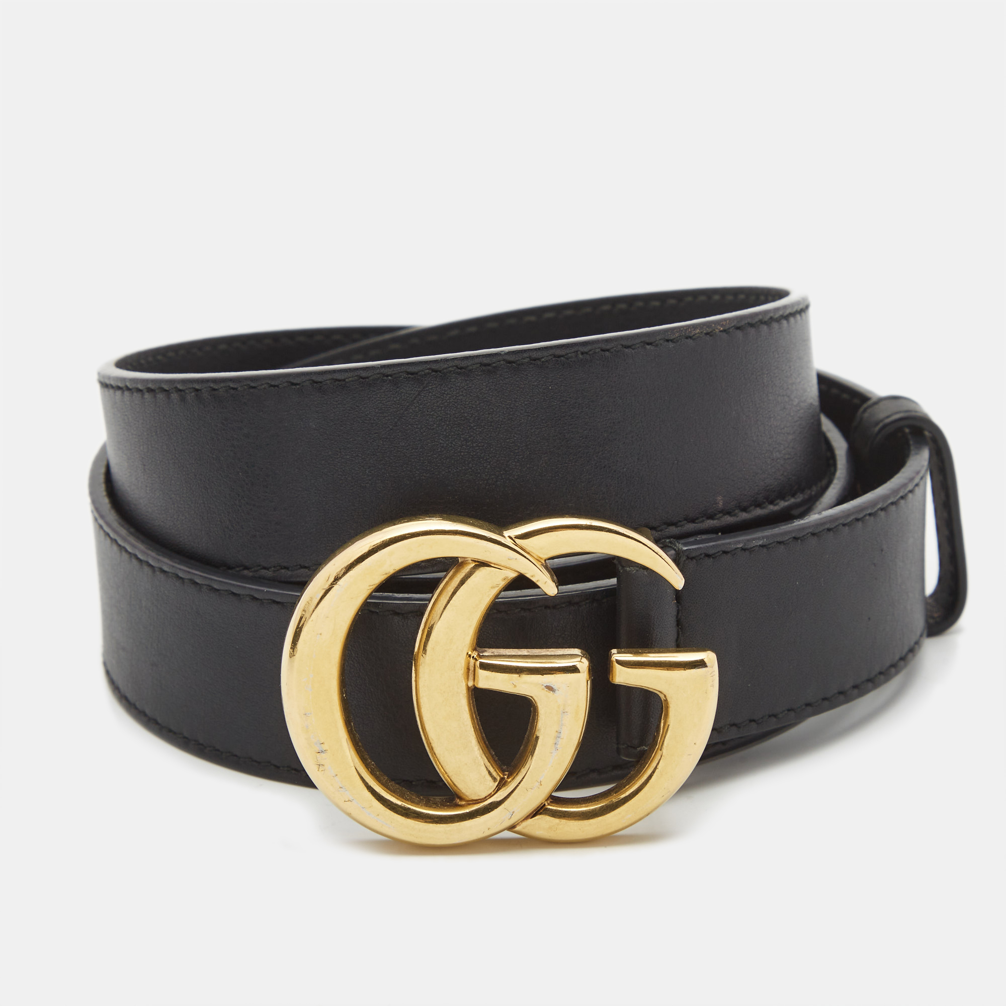 Pre-owned Gucci Black Leather Gg Marmont Buckle Belt 95cm