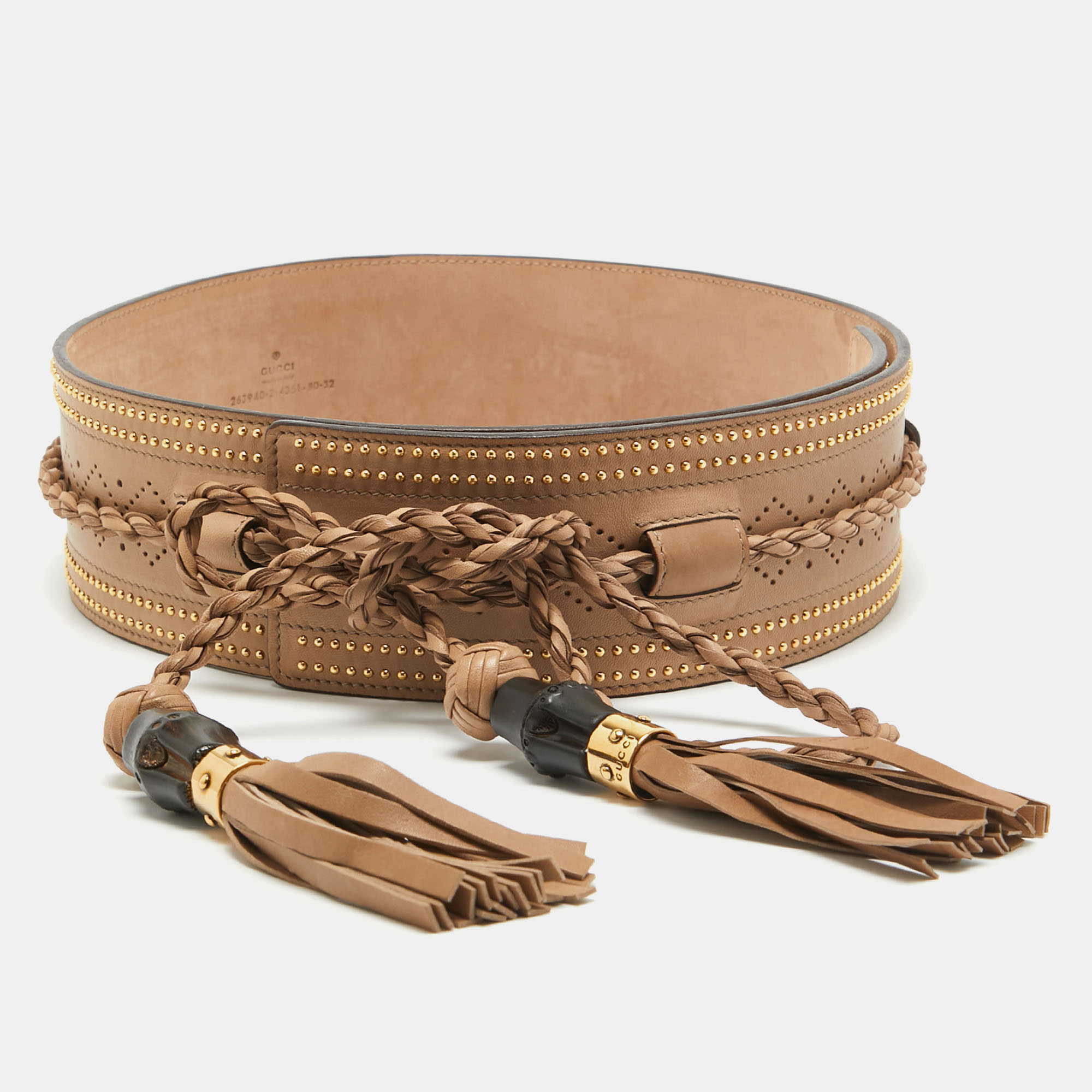 Pre-owned Gucci Beige Leather Tassel Waist Belt 80 Cm