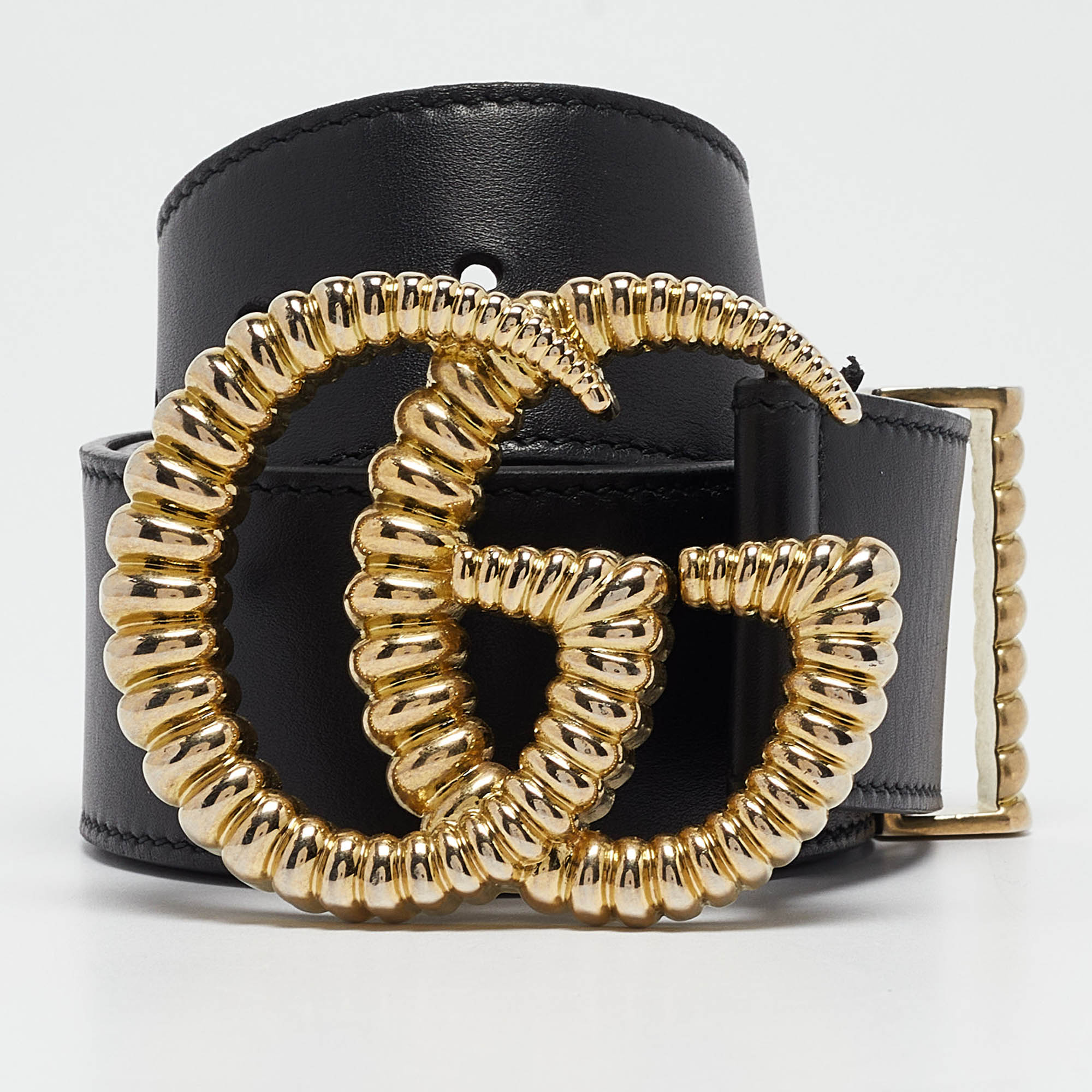 

Gucci Black Leather GG Torchon Buckle Belt 75CM