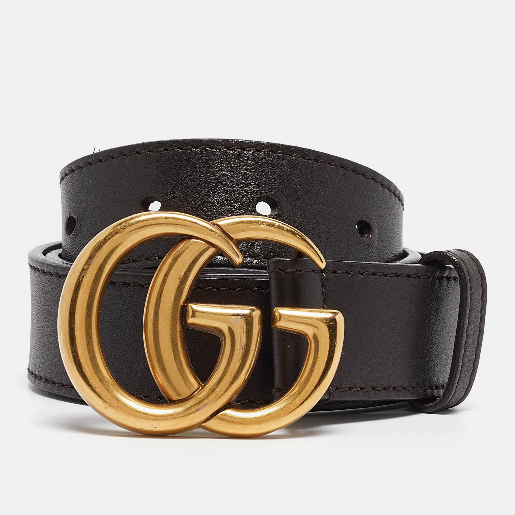 Pre-owned Gucci Dark Brown Leather Gg Marmont Belt 85cm