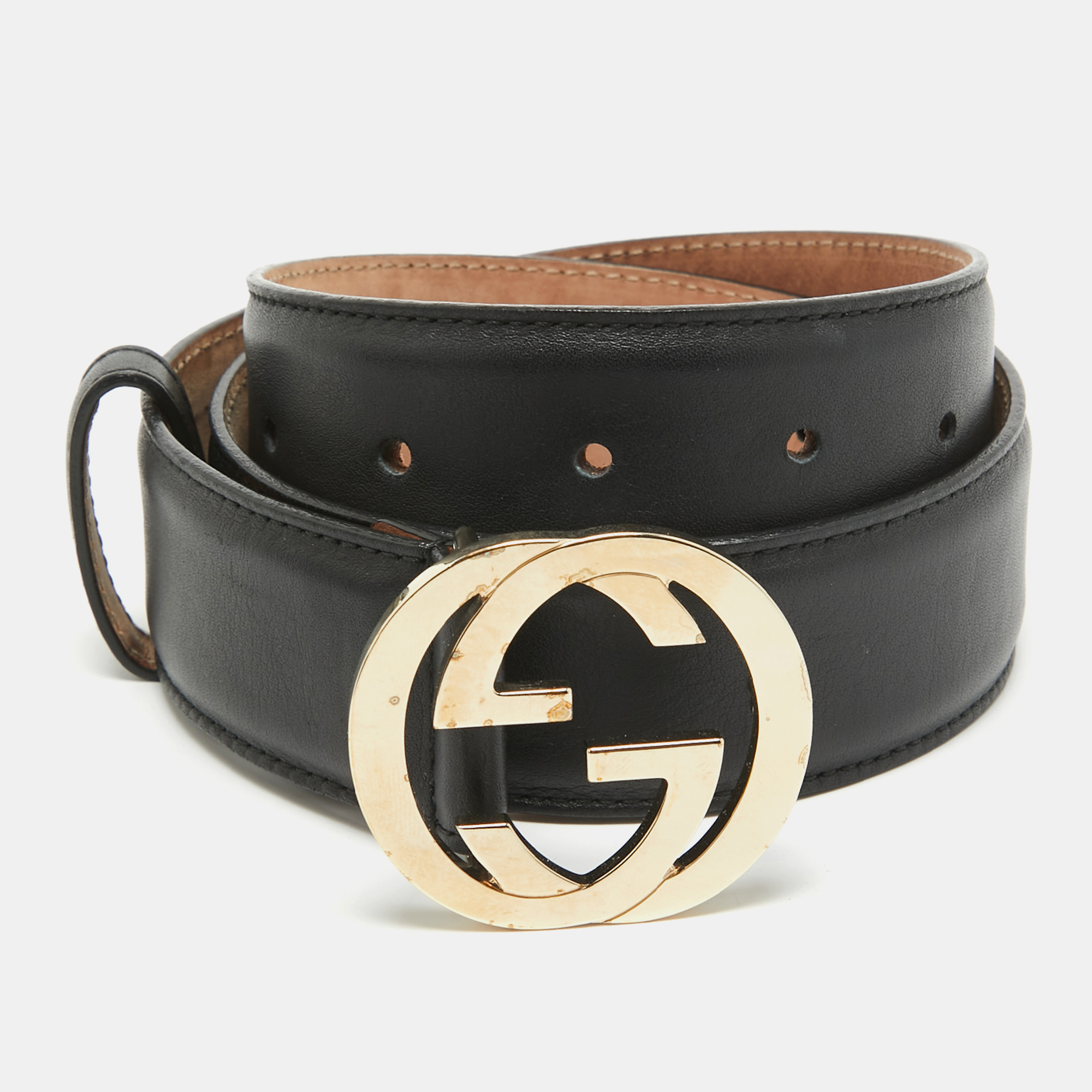 

Gucci Black Leather Interlocking G Buckle Belt 85CM