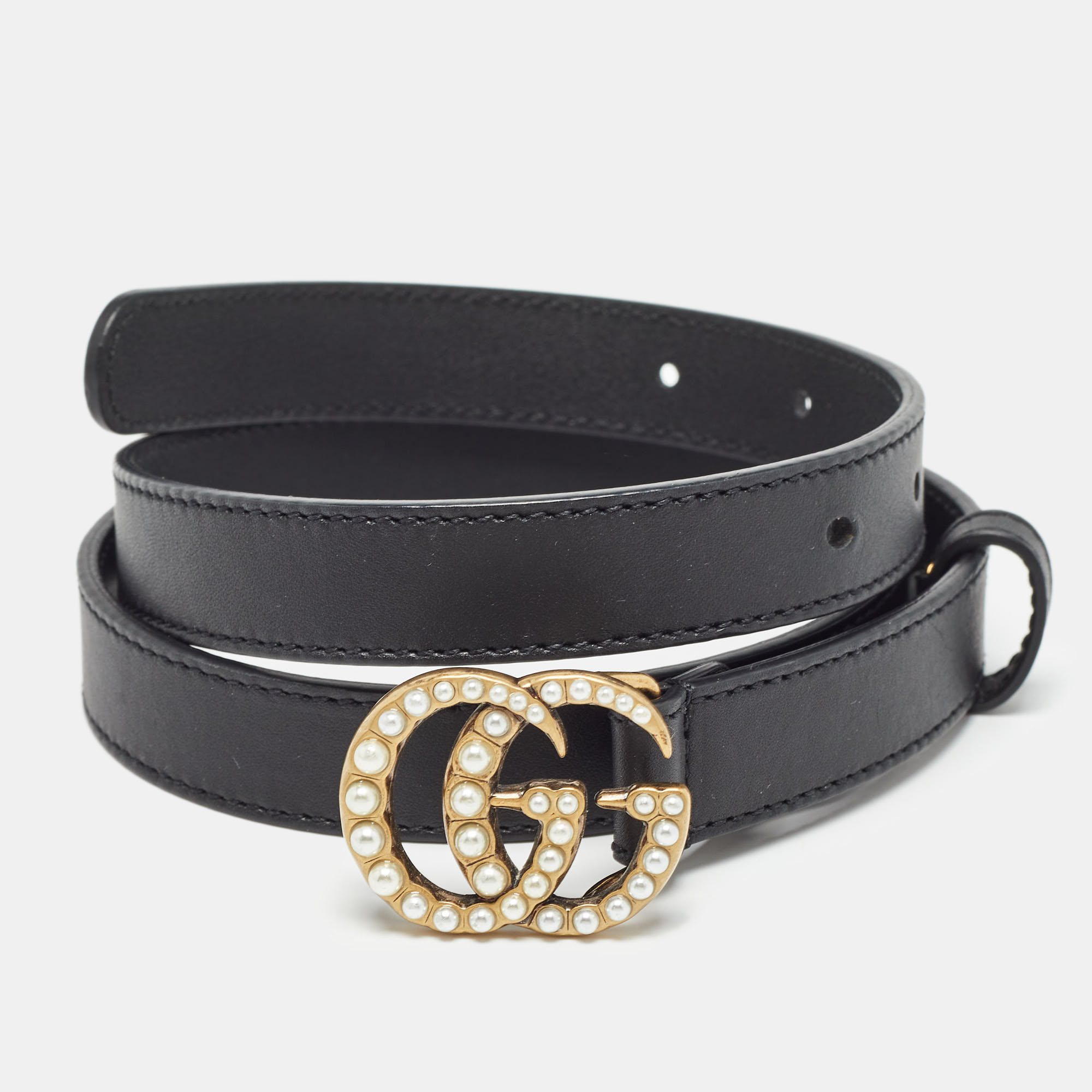 

Gucci Black Leather GG Marmont Pearl Slim Belt 80CM