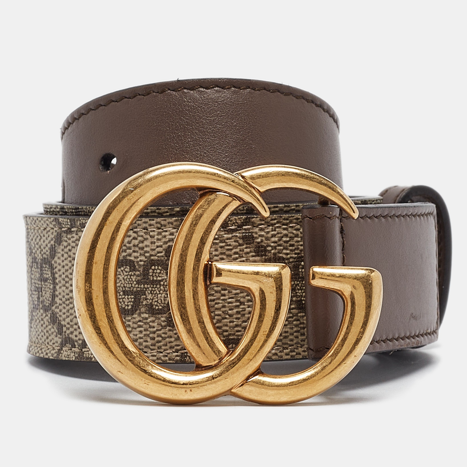 

Gucci Brown/Beige GG Supreme and Leather GG Marmont Buckle Belt 70CM