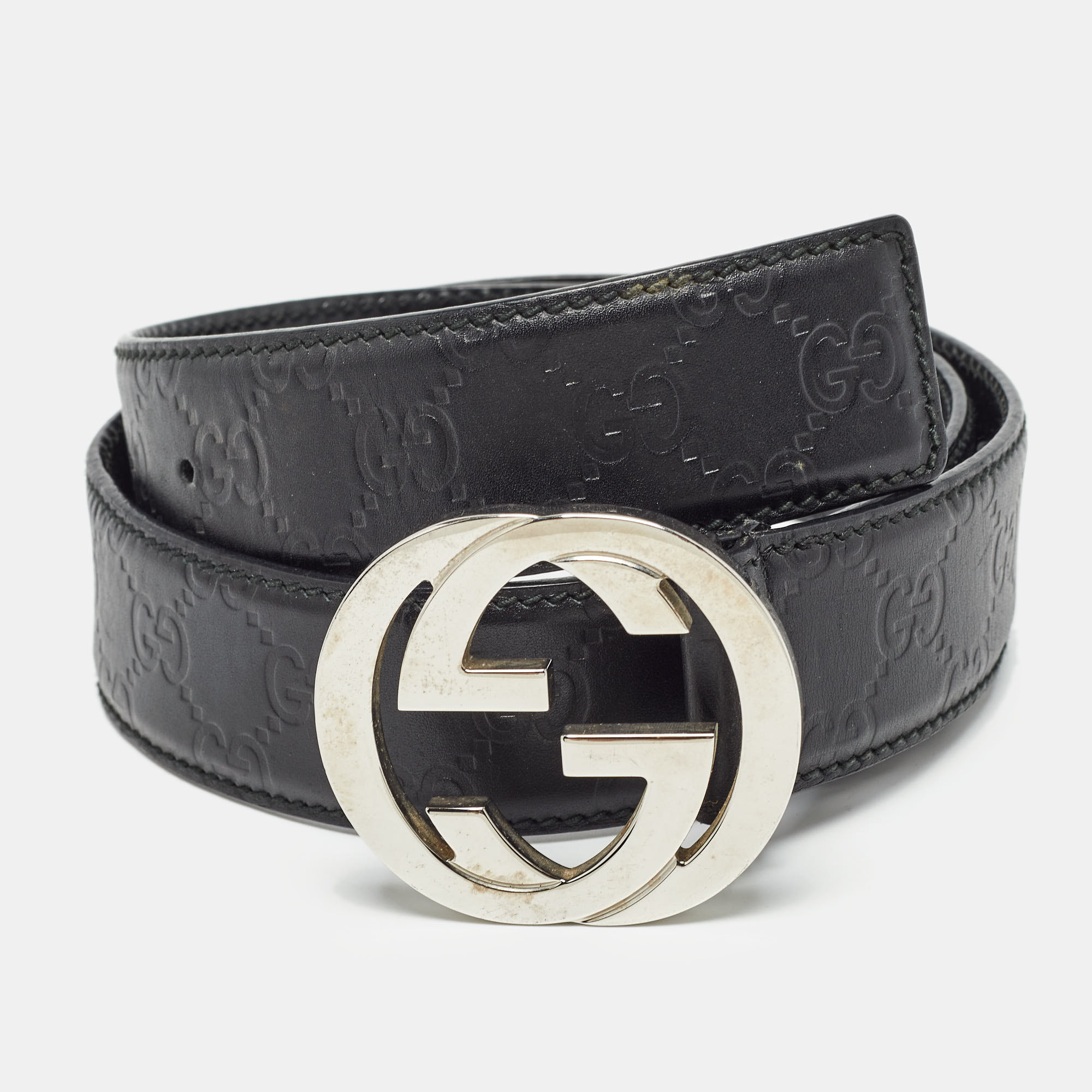 

Gucci Black Guccissima Leather Interlocking G Buckle Belt 90CM