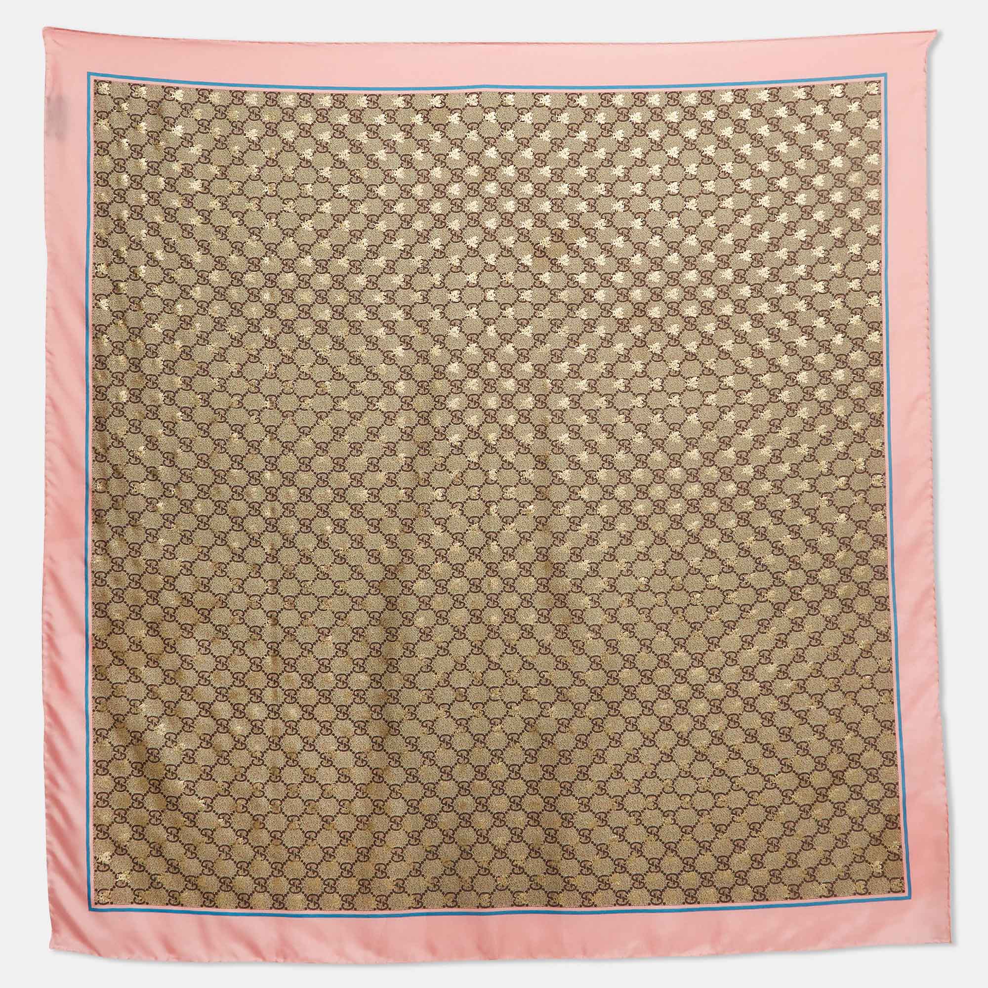 Pre-owned Gucci Beige/pink Gg Monogram Bee Silk Square Scarf In Brown