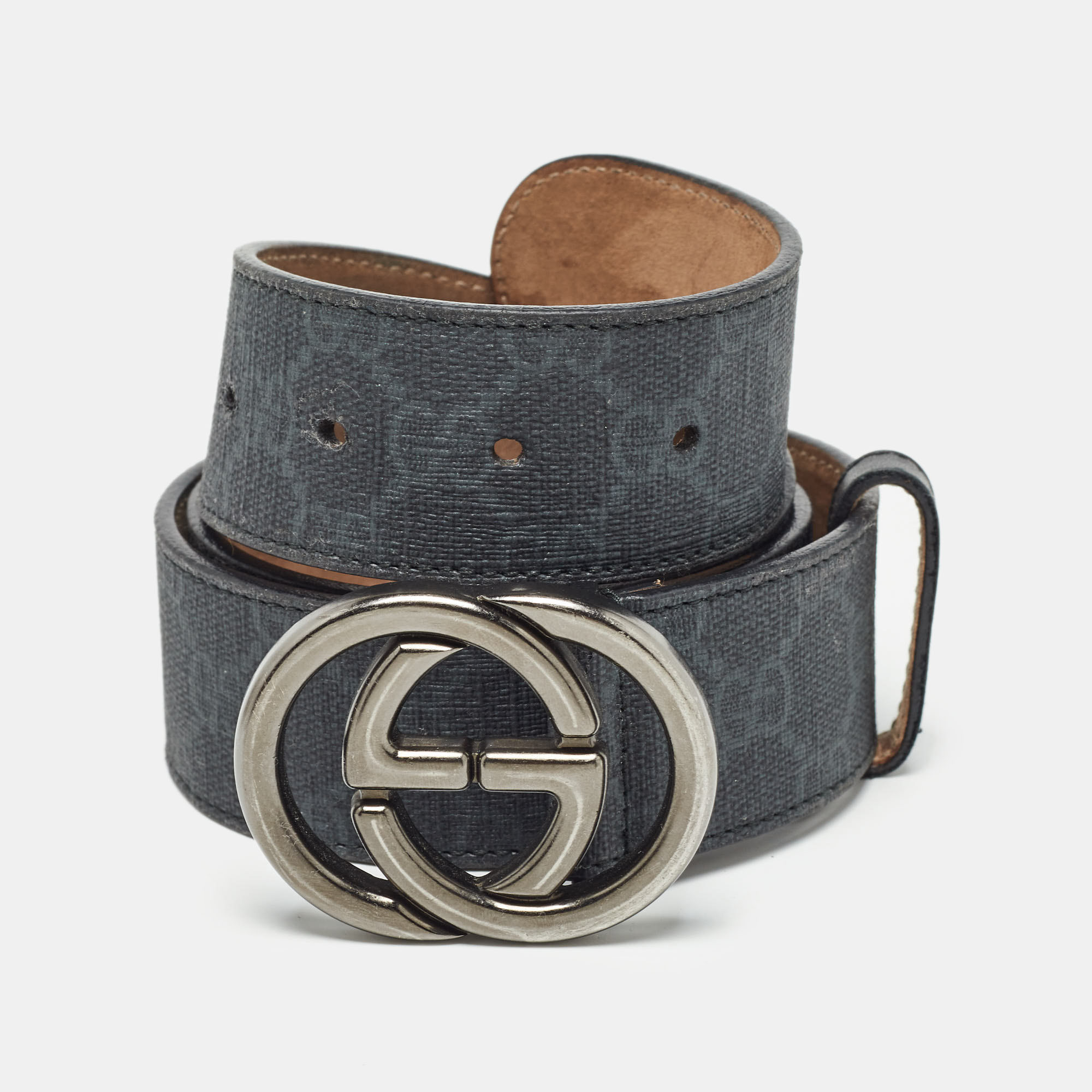 Pre-owned Gucci Black Gg Supreme Canvas Interlocking G Buckle Belt 85 Cm
