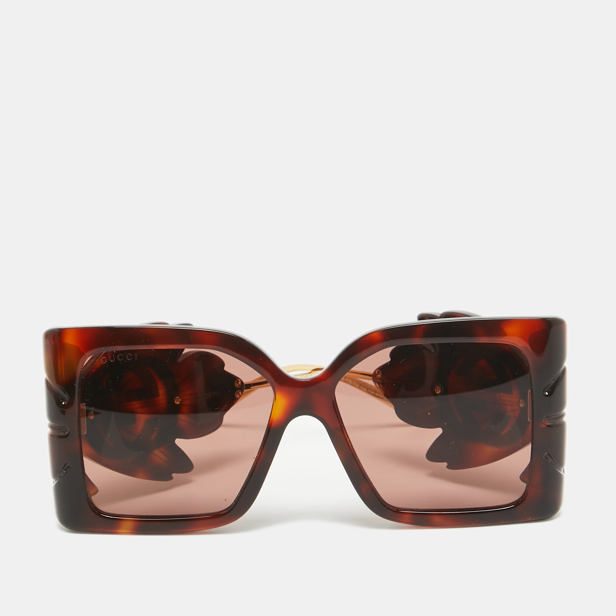 

Gucci Brown Tortoise GG0535S Leaf Motif Oversized Sunglasses