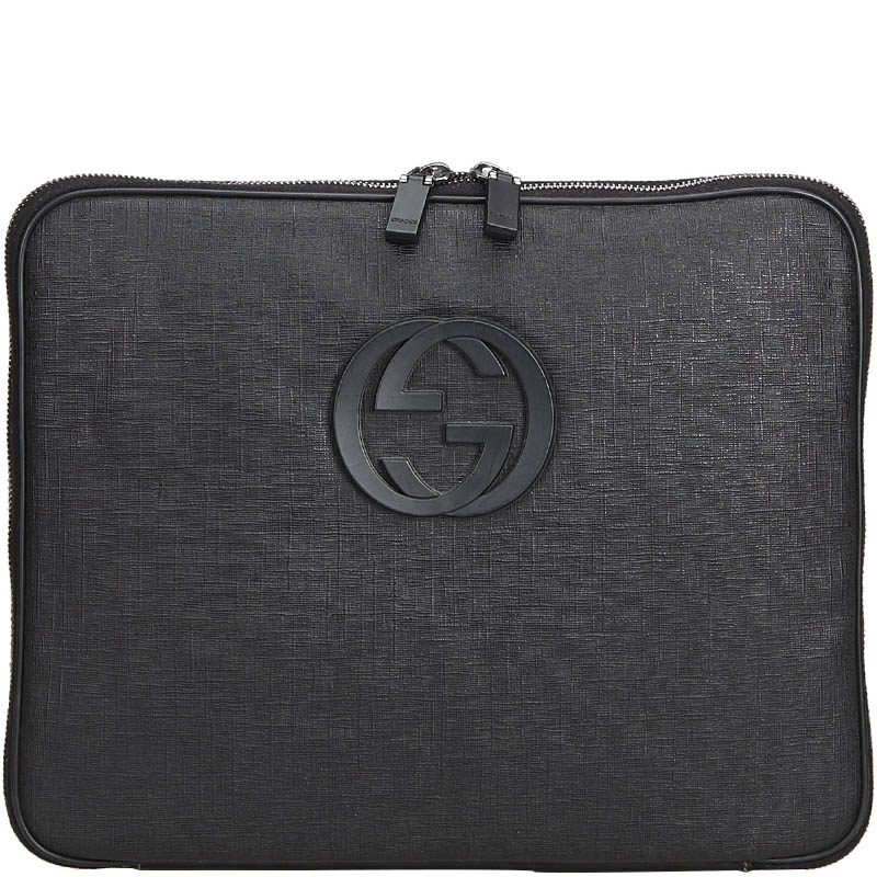 Gucci Black Leather GG Logo Laptop Bag 