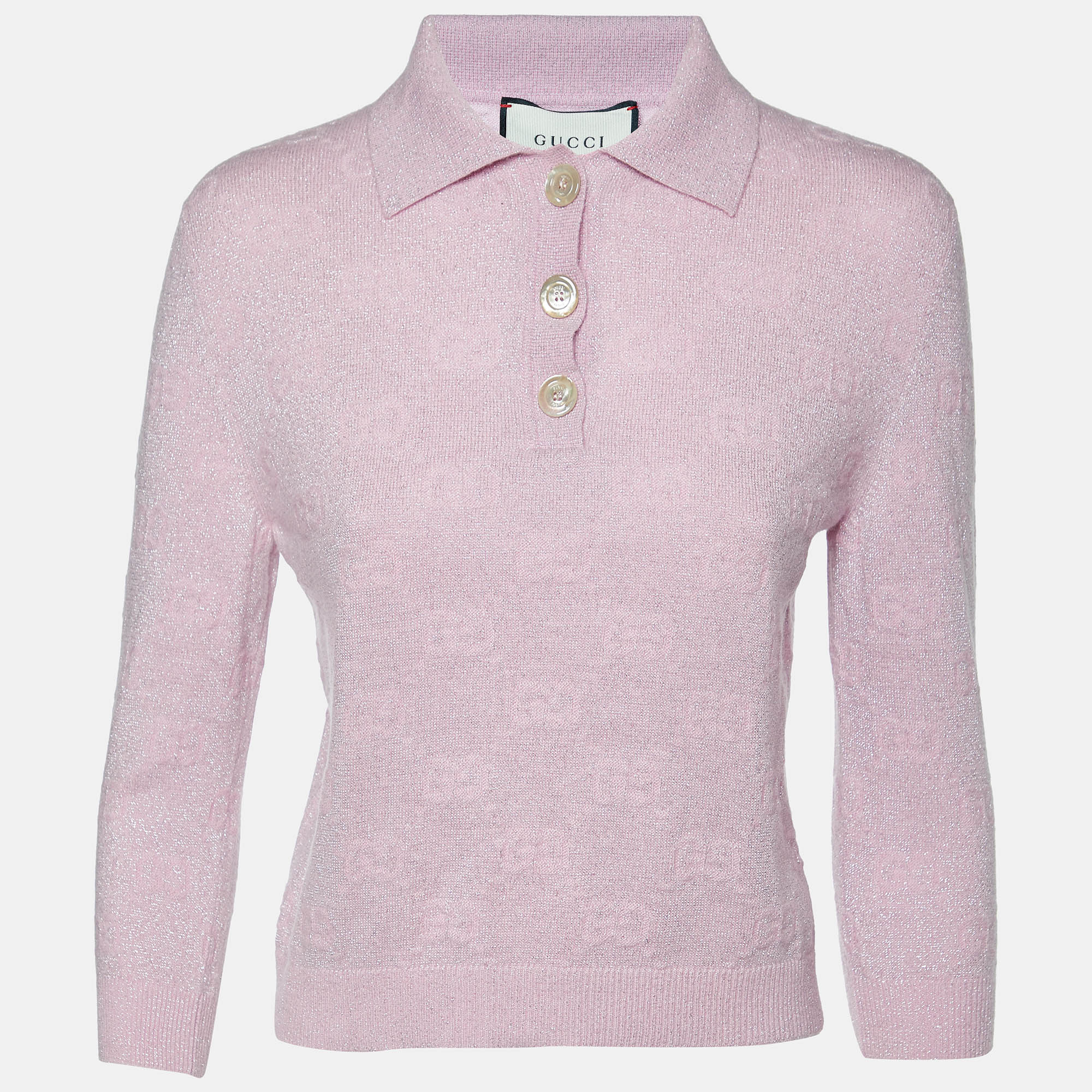 

Gucci Pink Monogram Patterned Lurex Knit Long Sleeve Polo XS
