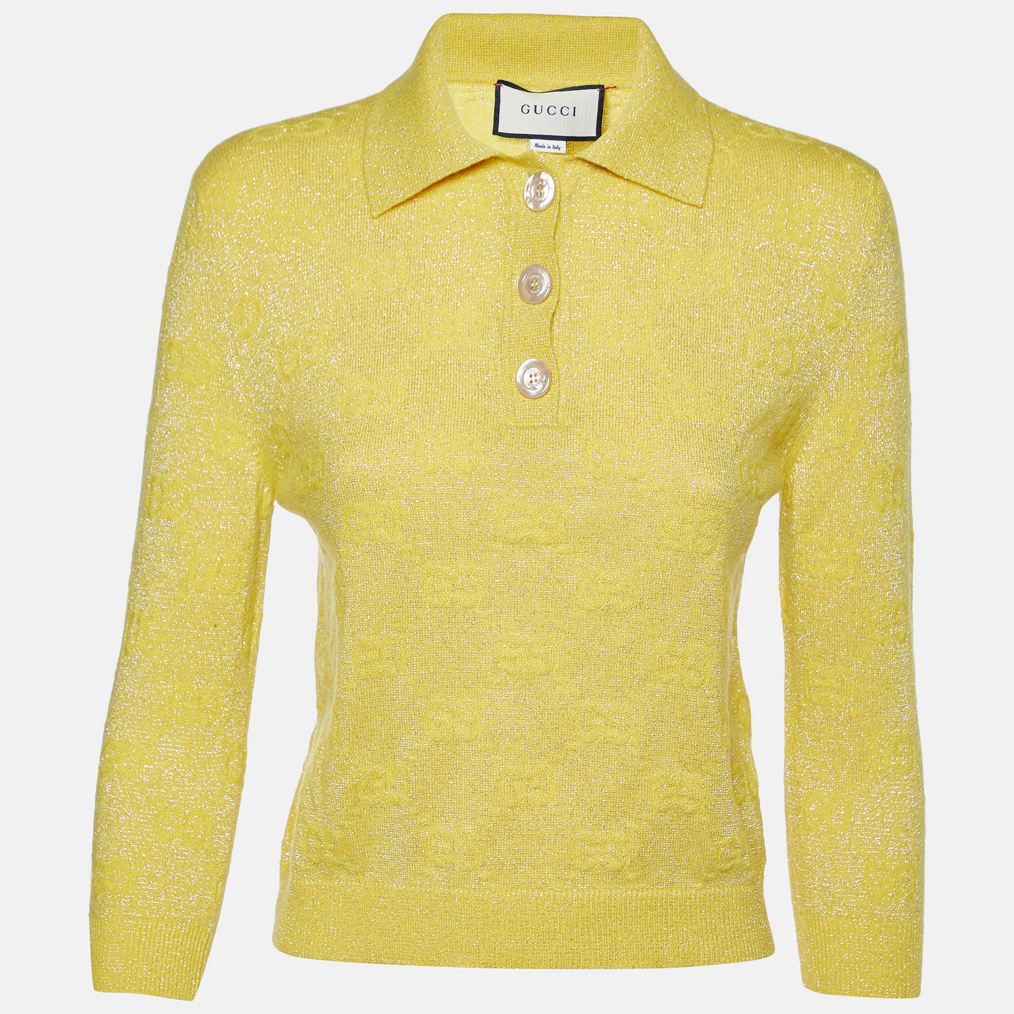 

Gucci Yellow Monogram Patterned Lurex Knit Long Sleeve Polo XS