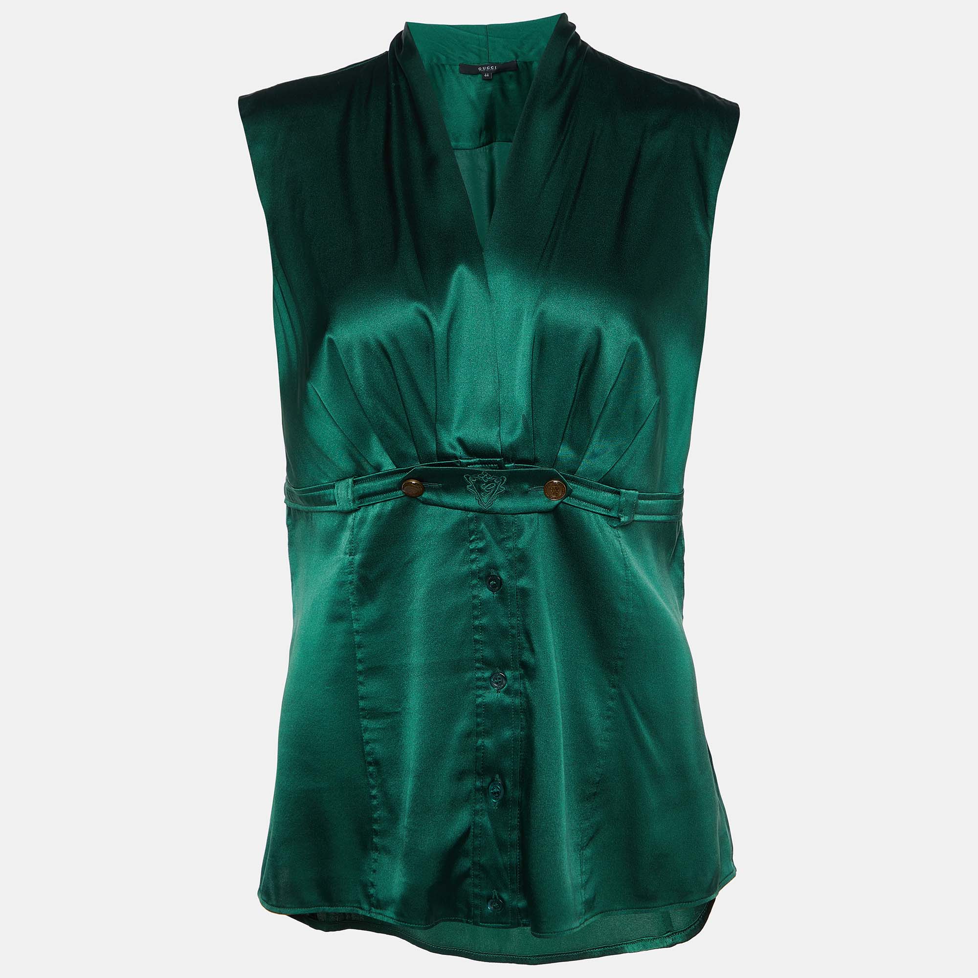

Gucci Green Silk Gathered Button Detailed Top M
